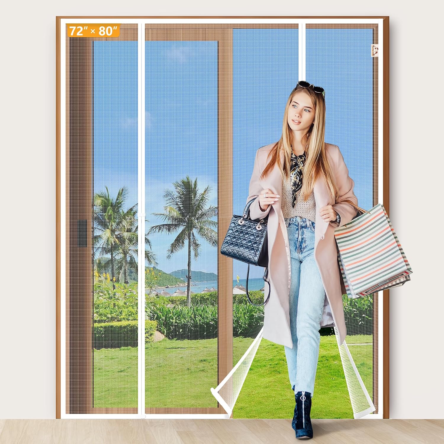 Yotache Magnetic Screen Door for Double Doors Fits 72 x 80 Inch Openings Screen Size 74 x 81 Inches Polyester Mesh with Hook and Loop and Push Pins White