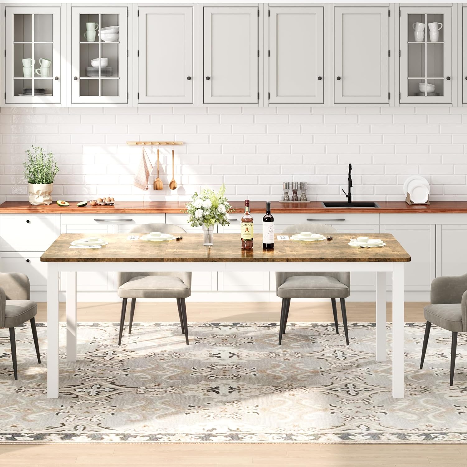 Qeetex DUKE-PHO-16GSBX9W 79 Inch Industrial Dining Table Large Rectangle Kitchen Table with Metal Legs Round Corners Wooden Conference Tables Writing Desk for Dining Room Living RoomWhite Faux Marble WhiteWhite Legs