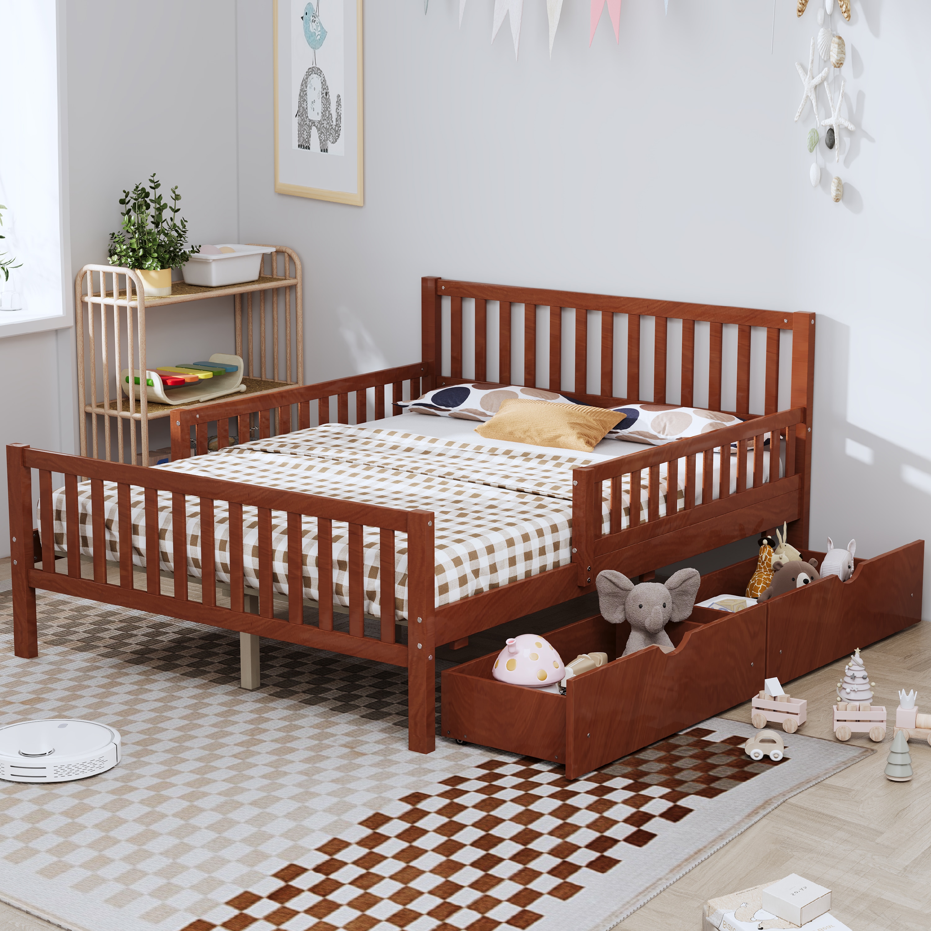 LOVMOR SF-Y-N733P172700D Full Size Wood Platform Bed with Guardrails on Both Sides and Two Storage Drawers Walnut