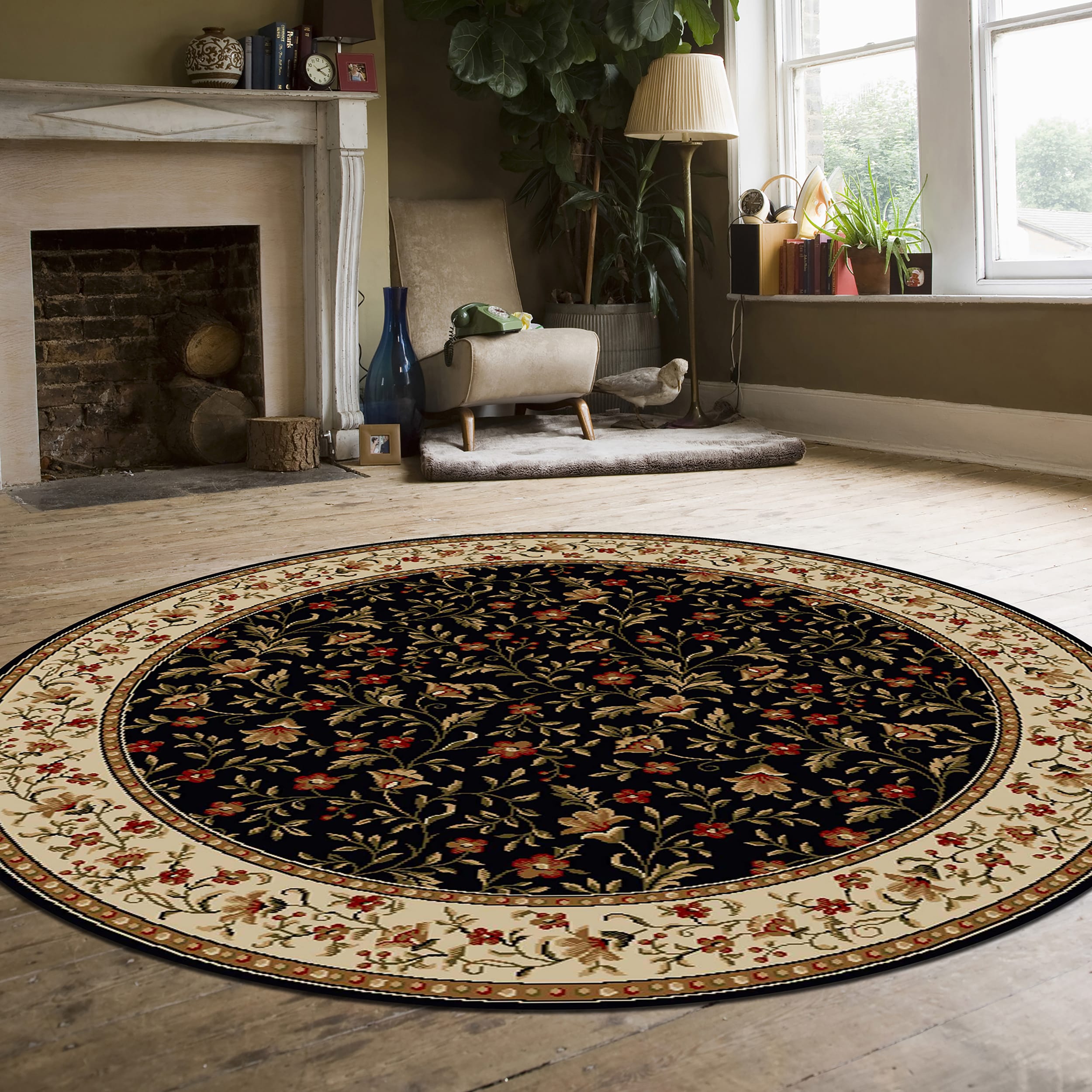 Radici USA 1593/1116/BLACK Como 8 x 8 (ft) Polypropylene Black Round Indoor Floral/Botanical Oriental Area rug