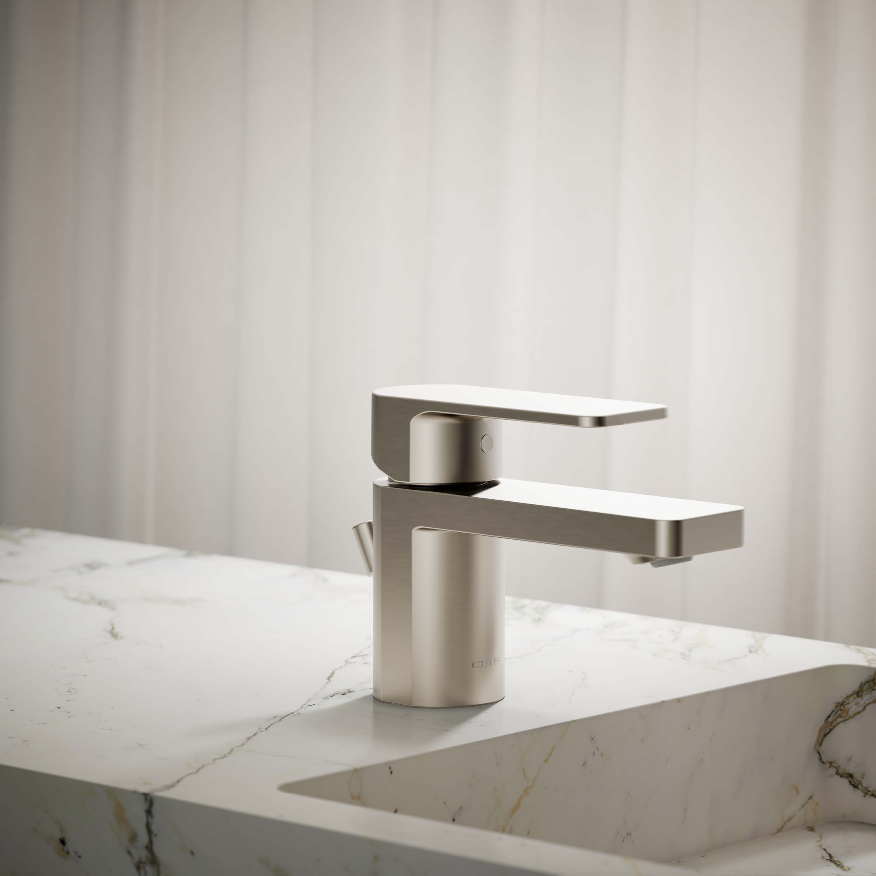 KOHLER K-24804-4-BN Parallel Vibrant Brushed Nickel Single hole 1-handle WaterSense Low-arc Commercial/Residential Handle Bathroom Sink Faucet with Drain
