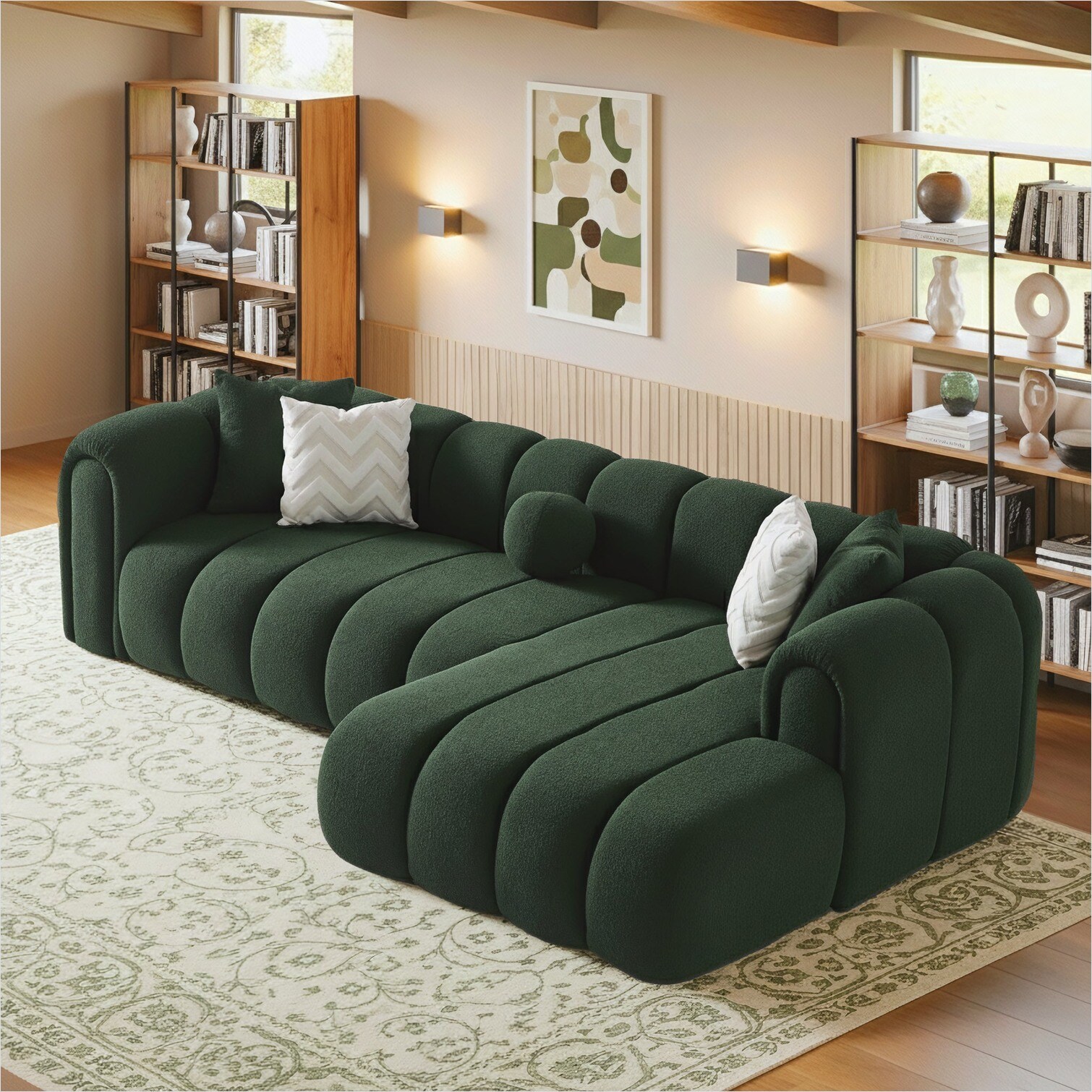 Watnature L-Shape 4-Seater Sectional Sofa with Channel Tufting Boucle ...