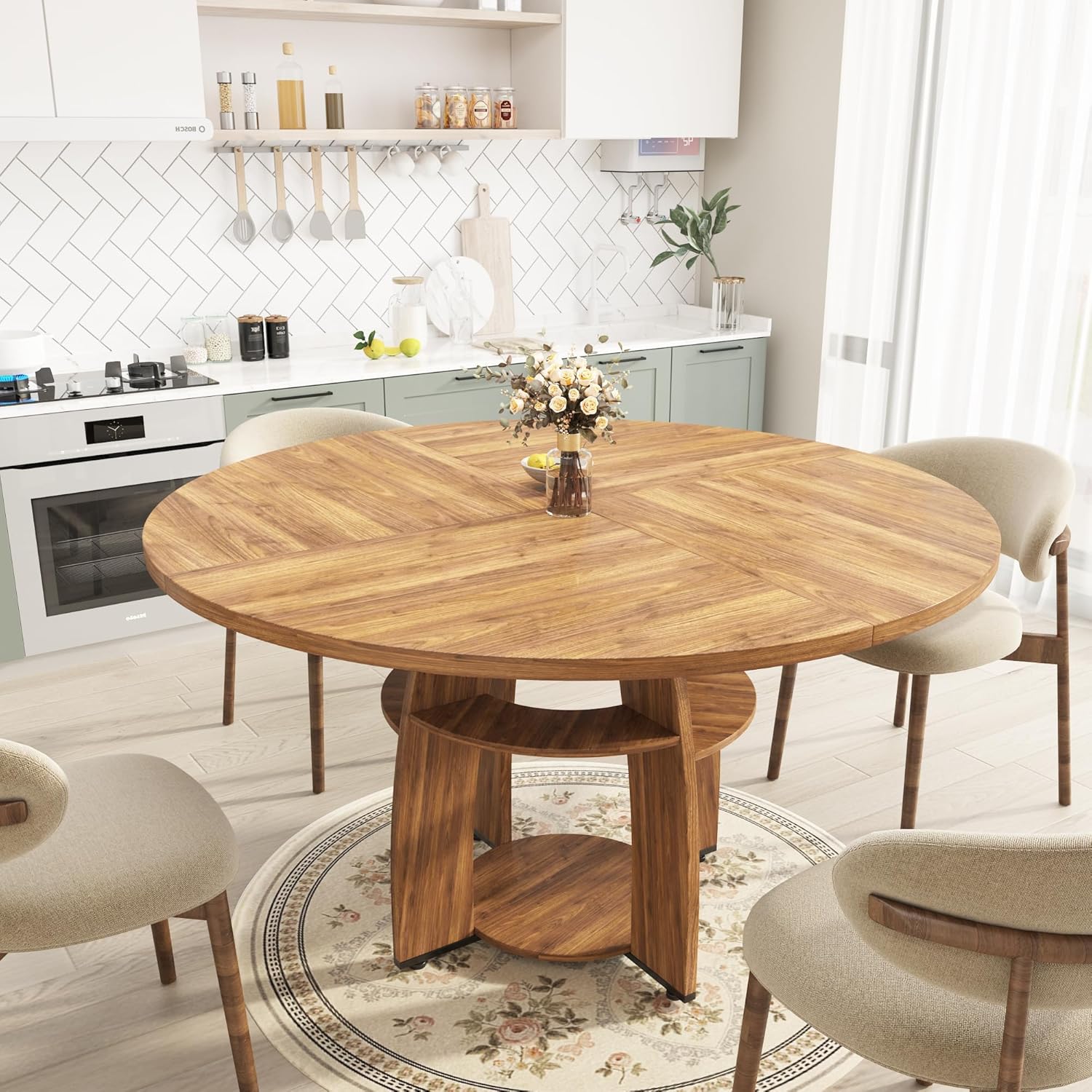 IdealHouse 47 in Round Wood Dining Table with Storage Shelf Circle