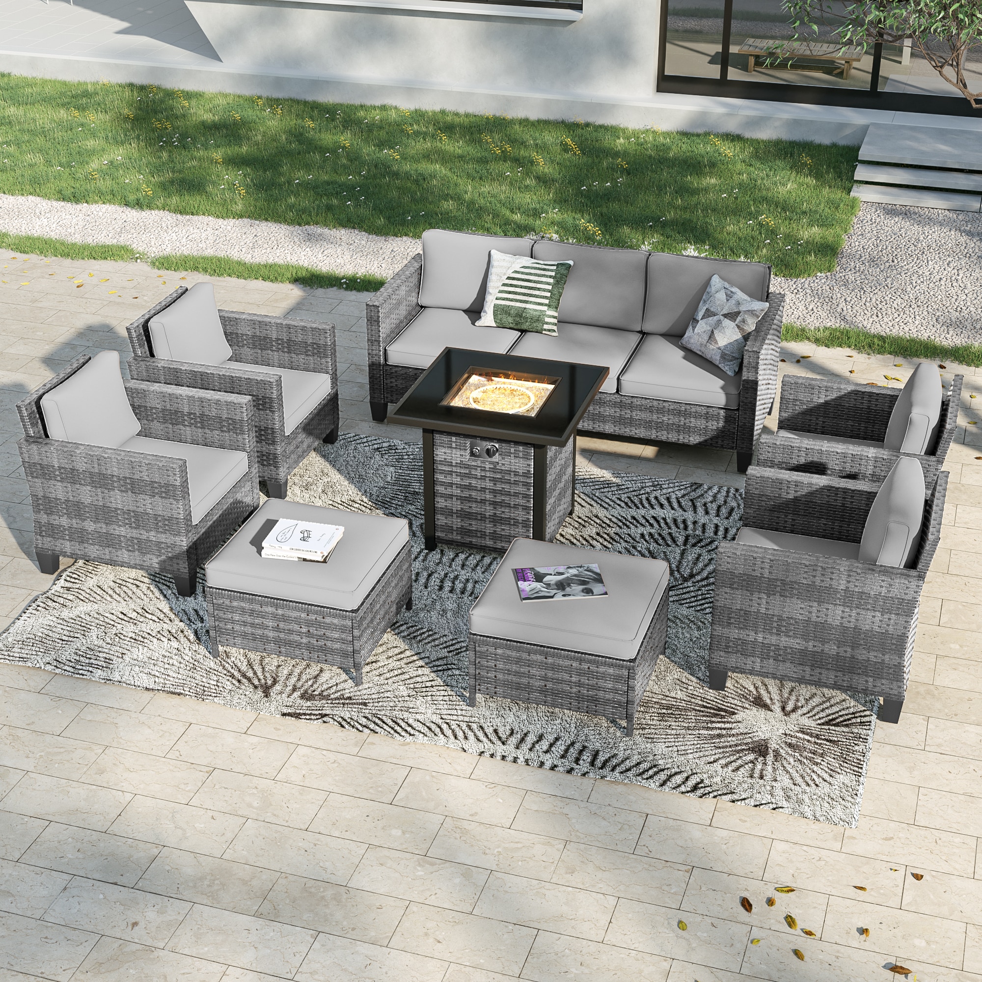 Sonkuki SD-PS-115HGY-S2T4 Patio Conversation Set 8 -Piece Wicker Patio Sofa Conversation Set with Gray Cushions
