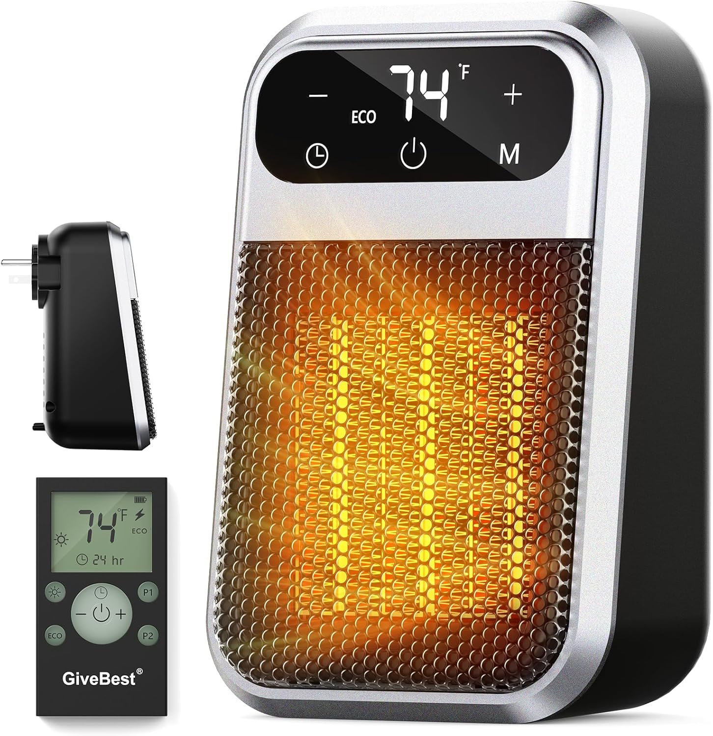 GiveBest  Cyber 800W Plug in Heater with ECO Mode Save Energy Portable Outlet Space Heater Small Electric Wall Heaters for Indoor Use with Adjustable Thermostat and 12H Timer for Bathroom Home
