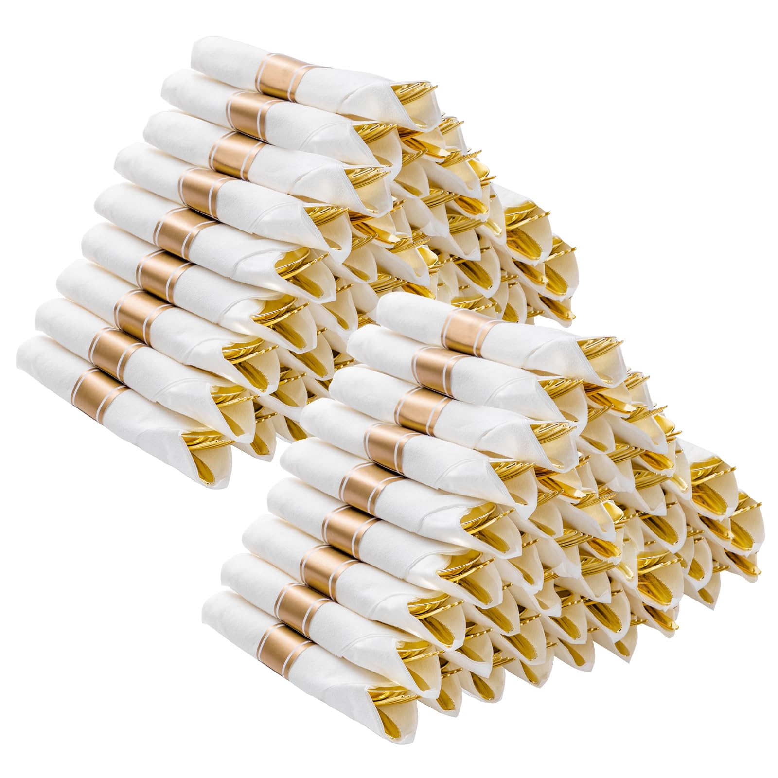 Etokfoks  Gold Color Family Disposable Plastic Tableware Cutlery Set 100 Pack with Forks Knives Spoons Napkins