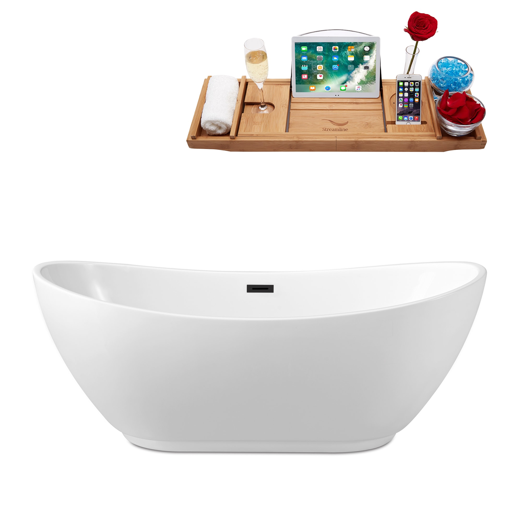 Streamline N581BL 28.3-in x 66.9-in Glossy White Acrylic Oval Freestanding Soaking bathtub with Drain ( Center Drain )