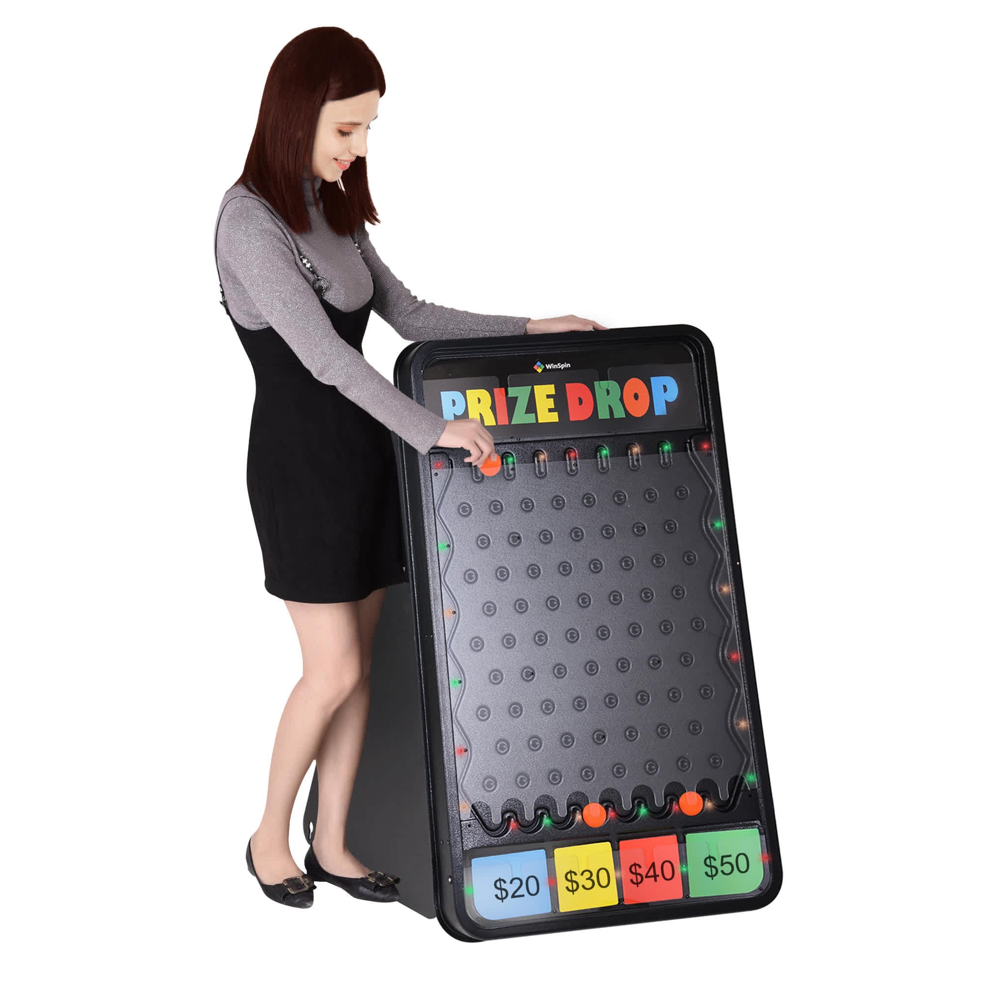 Yescom 35PDG002-4125L-06-LO WinSpin 41x25IN Prize Drop Board Game with LED Lights 12 Pucks Customizable Logo Area Slots Carnival Tabletop
