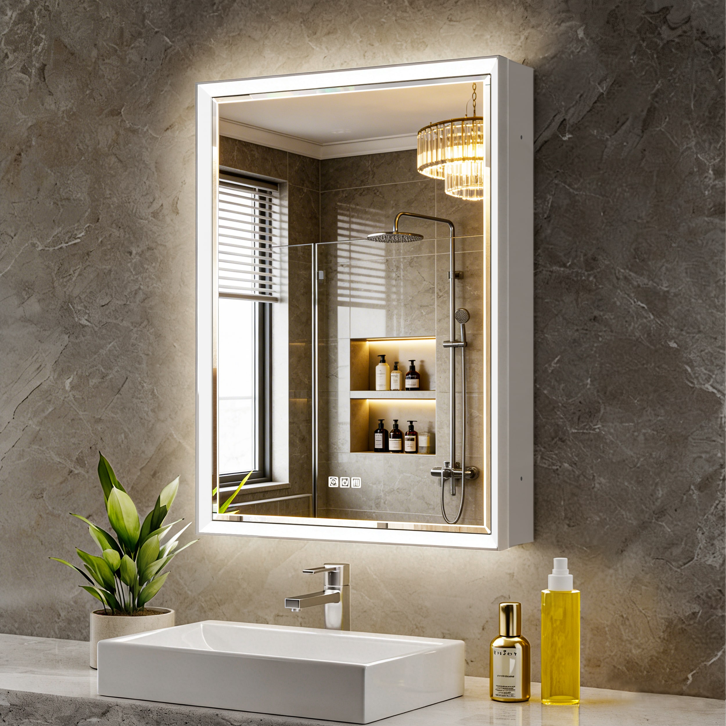 QueenFun Lighted Medicine Cabinet 24-in x 32-in Lighted LED Fog Free Surface/Recessed Mount Silver Mirrored Rectangle Soft Close Medicine Cabinet