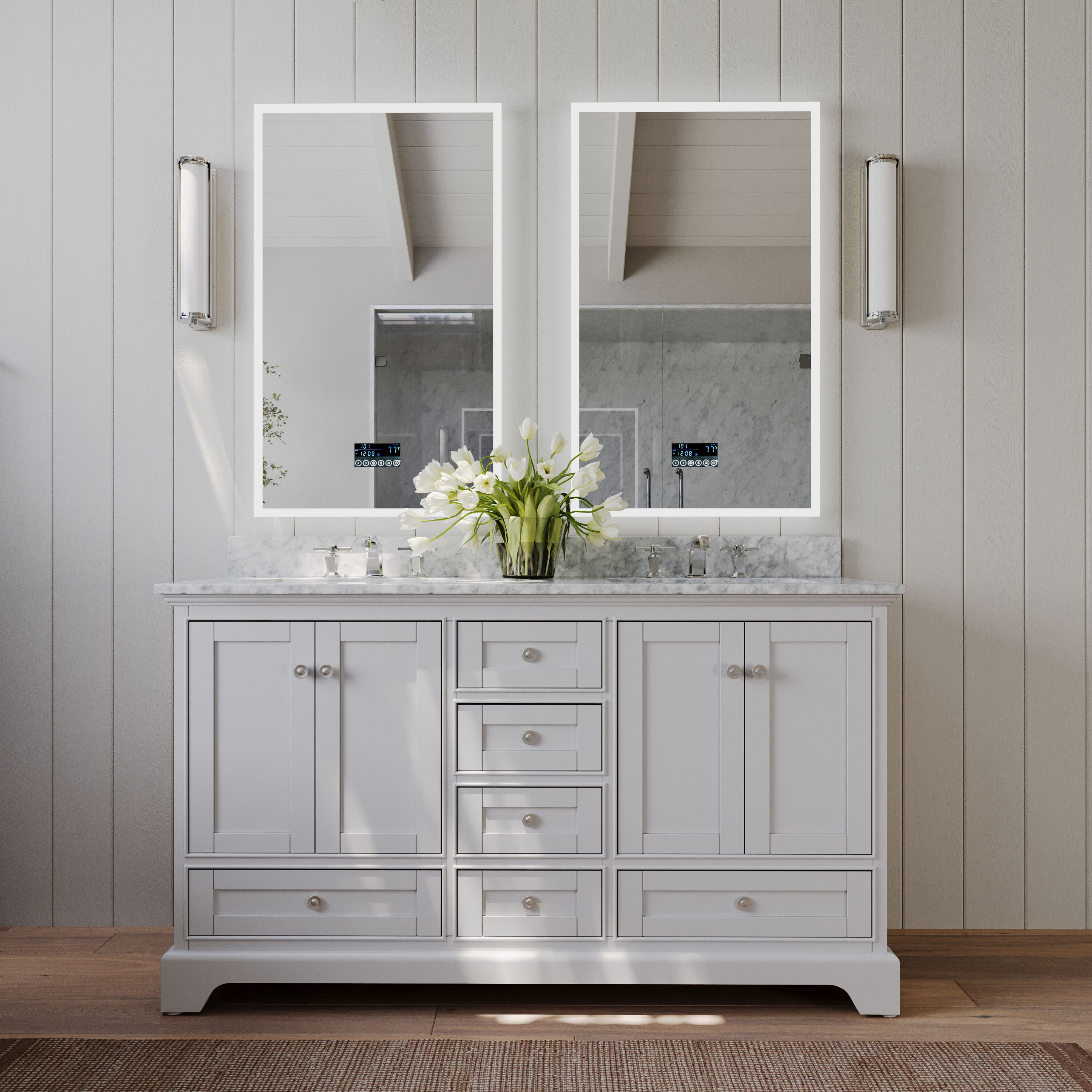 Ancerre Designs VTS-AUDREY-60-W-CW Audrey 60-in White Undermount Double Sink Bathroom Vanity with Carrara White Natural Marble Top