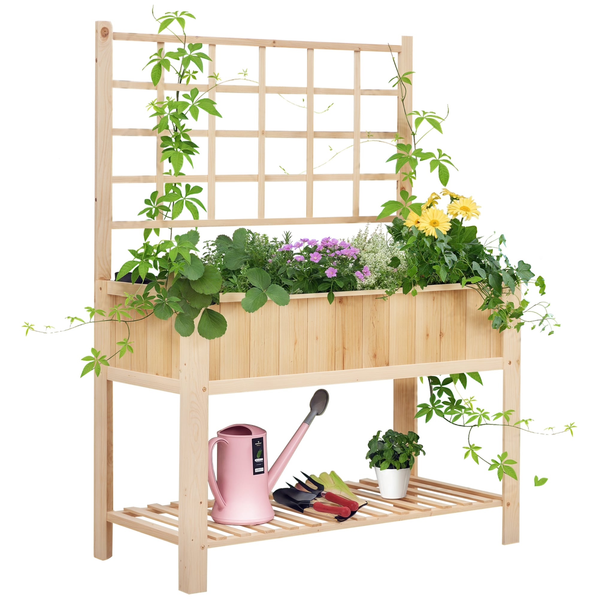 Outsunny 845-474 47'' Wooden Raised Garden Bed with Trellis Coutryside Style Elevated Planter Stand with Open Storage Shelf for Vegetables Herbs Flowers
