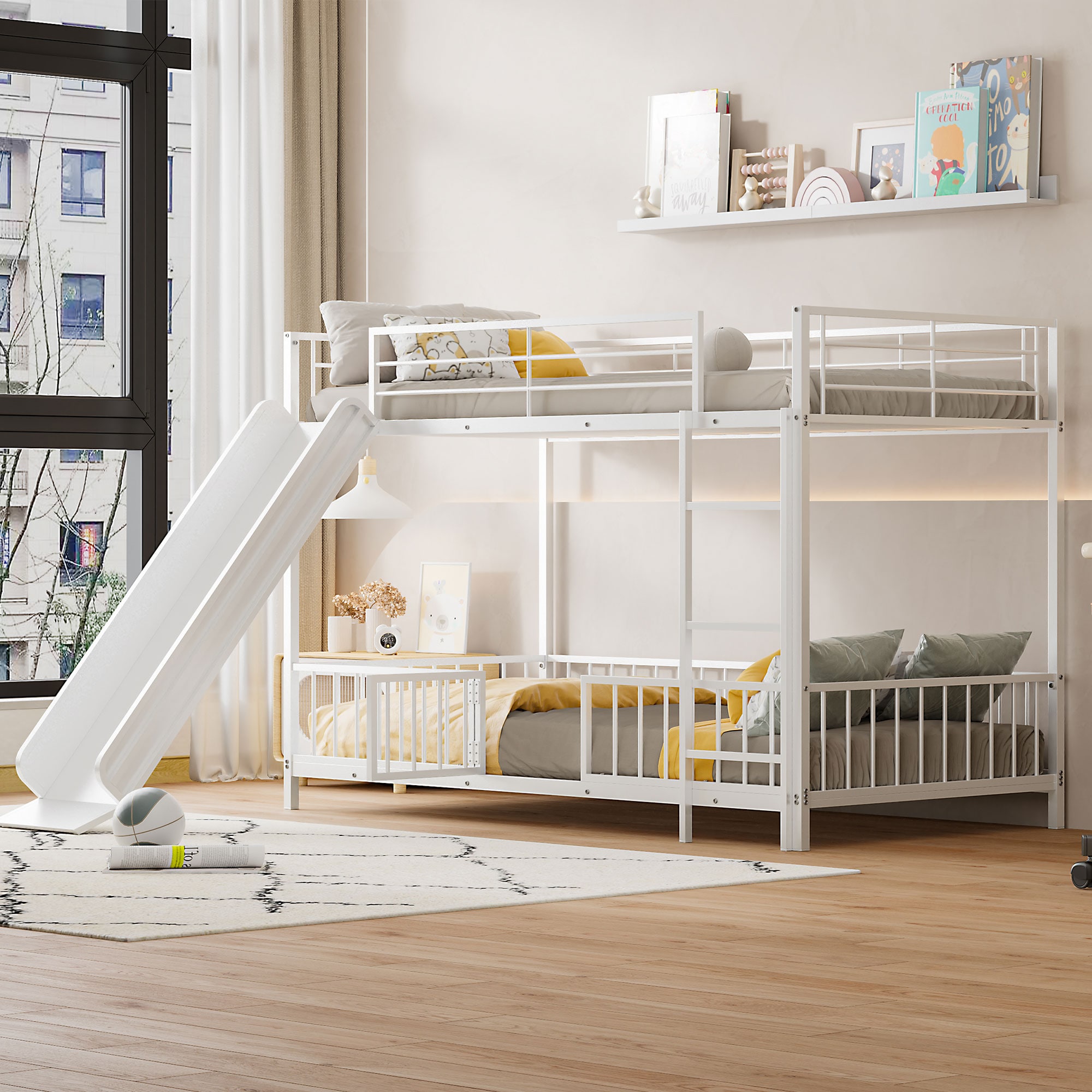 ModernLuxe L3P-SF000169AAK Twin over Twin Size Metal Bunk Bed with Slide and Guardrails White