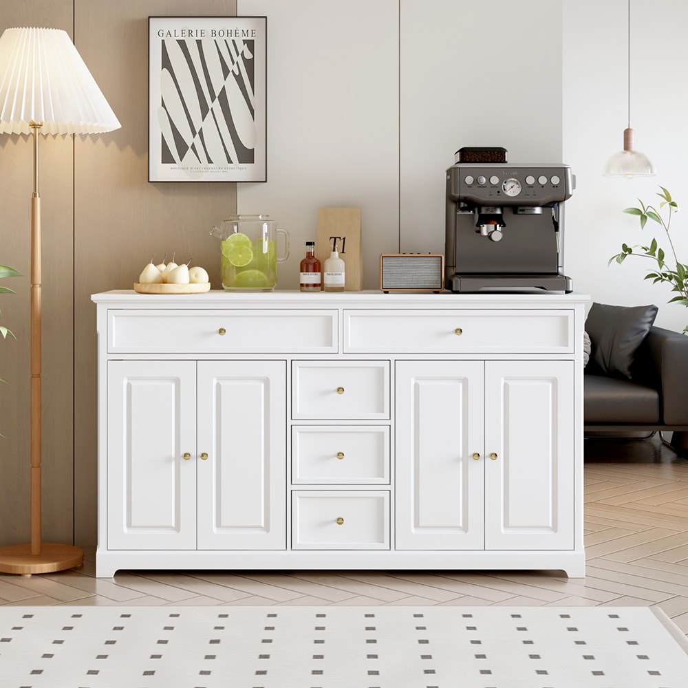 Homsee C-KF020263-01 Modern Kitchen Storage Sideboard with 5 Drawers and 4 Doors Contemporary Storage Cabinet for Dining Room or Kitchen 59.1''L x 15.7''W x 33.5''H White