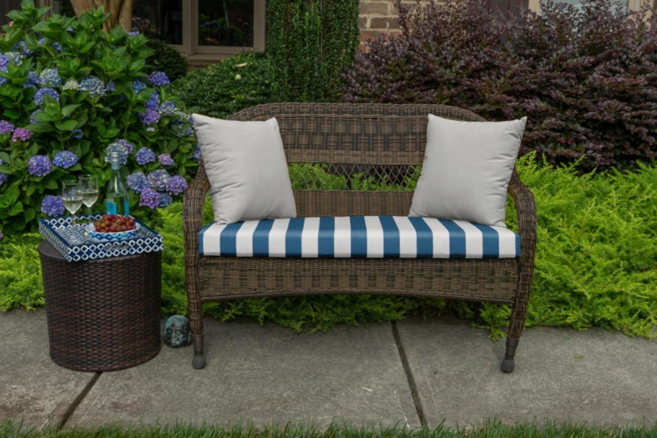 Sunbrella Maxim Regatta Blue Striped Outdoor Settee Cushion