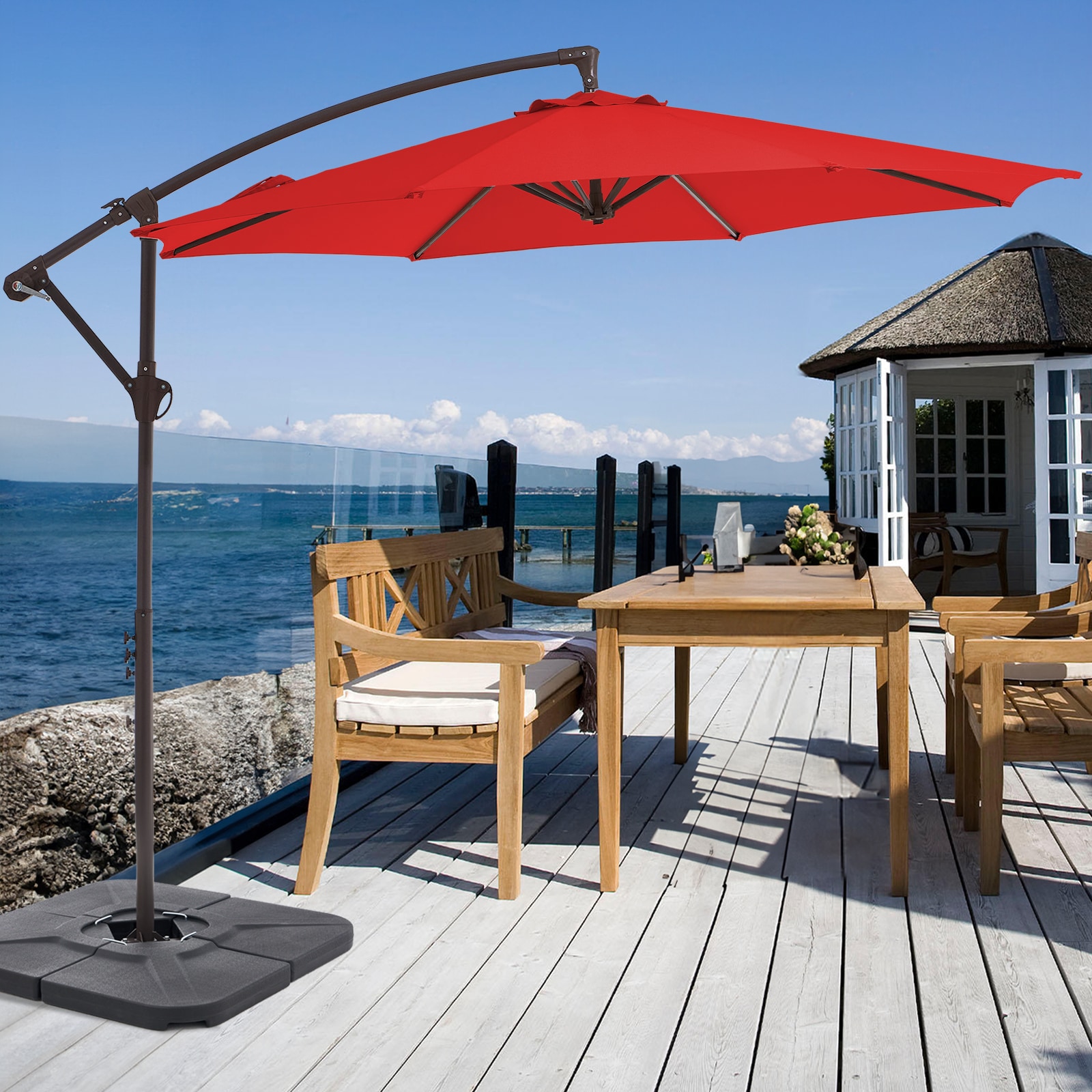 JEAREY JE-XHL-WH-CK 10-ft Aluminum Orange Crank Offset Patio Umbrella with Base