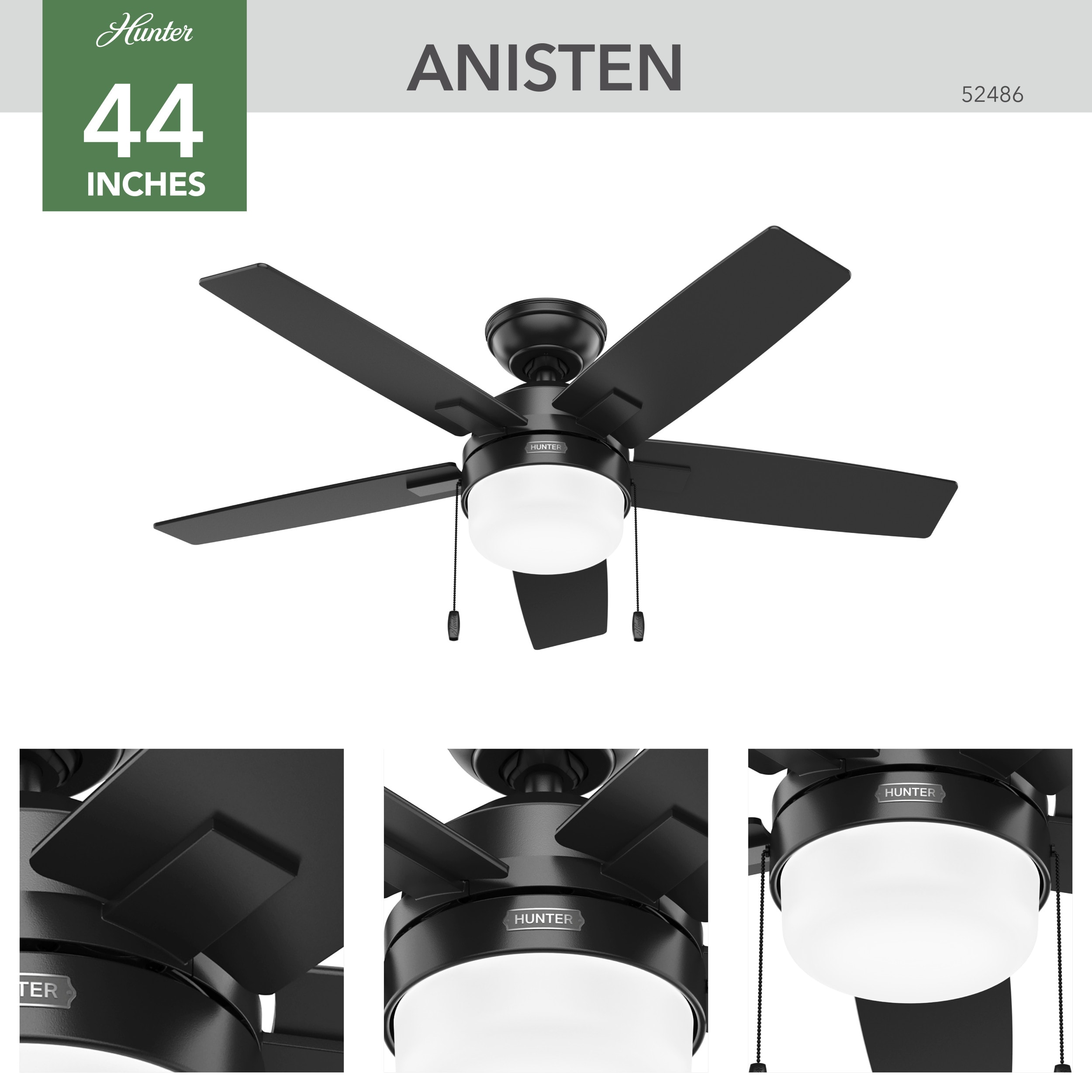 Hunter Anisten 44-in Matte Black Indoor Ceiling Fan with Light (5 
