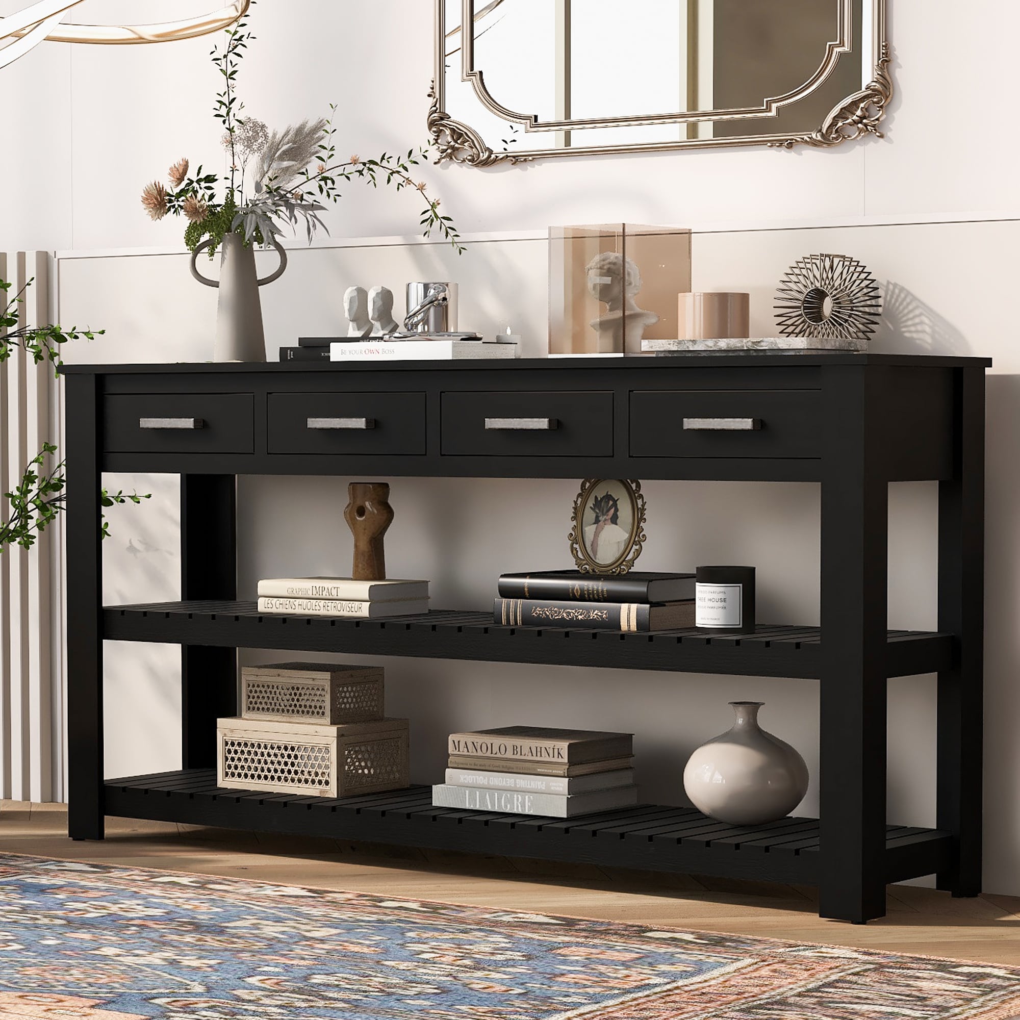 ModernLuxe N711P241286B Stylish Entryway Console Table with 4 Drawers and 2 Shelves Suitable for Entryways Living Rooms