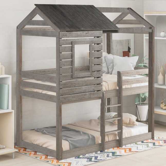 Casainc Bunk Bed Antique Gray Twin Over, Antique Wooden Bunk Beds With Stairs