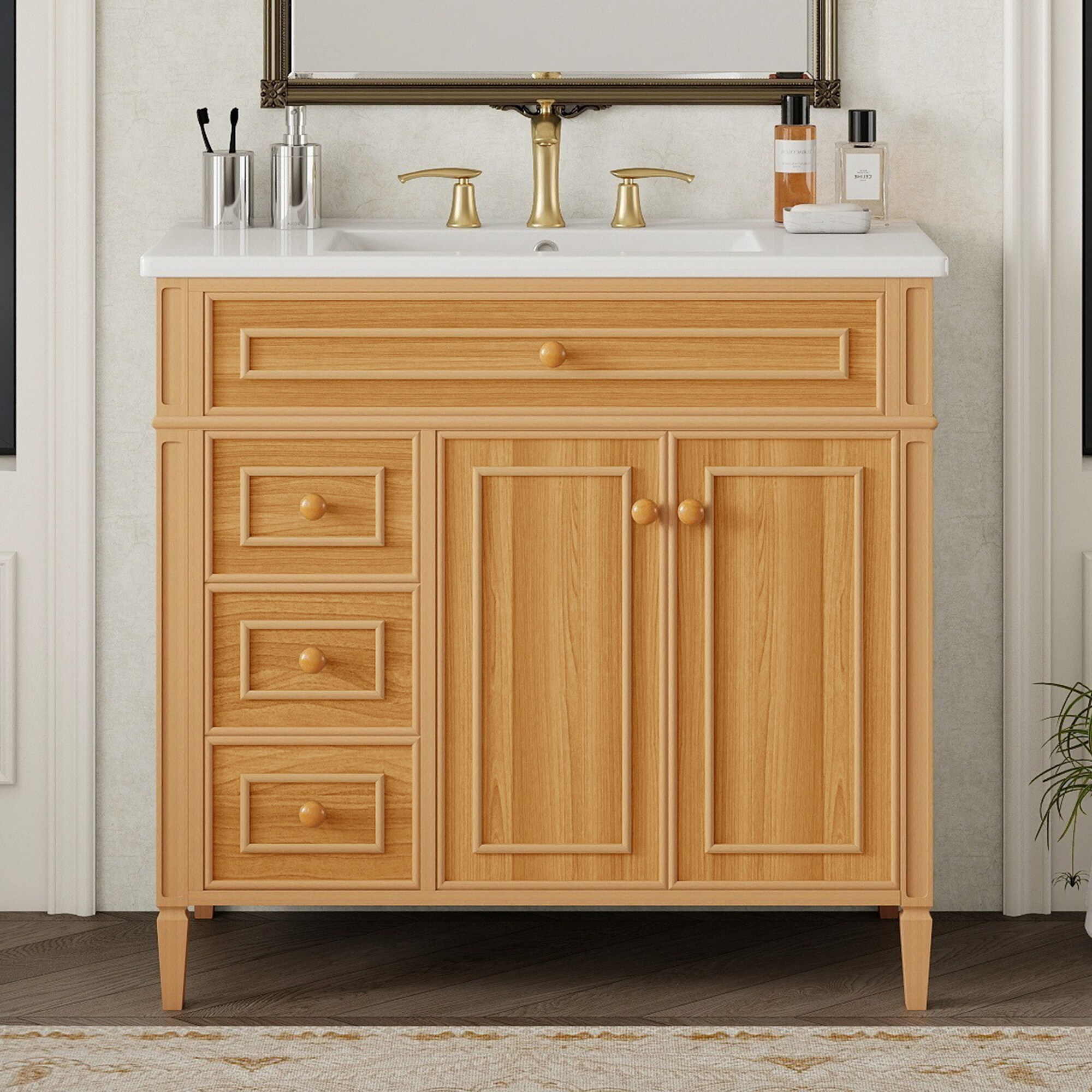 Tatayosi RY-P350825N 36 inches Bathroom Vanity with Sink Wood Vanity Cabinet with Flip-Out Drawer 3 Drawers 2 Soft-Close Doors Solid Wood MDF Elegant Rubber Wood Handles