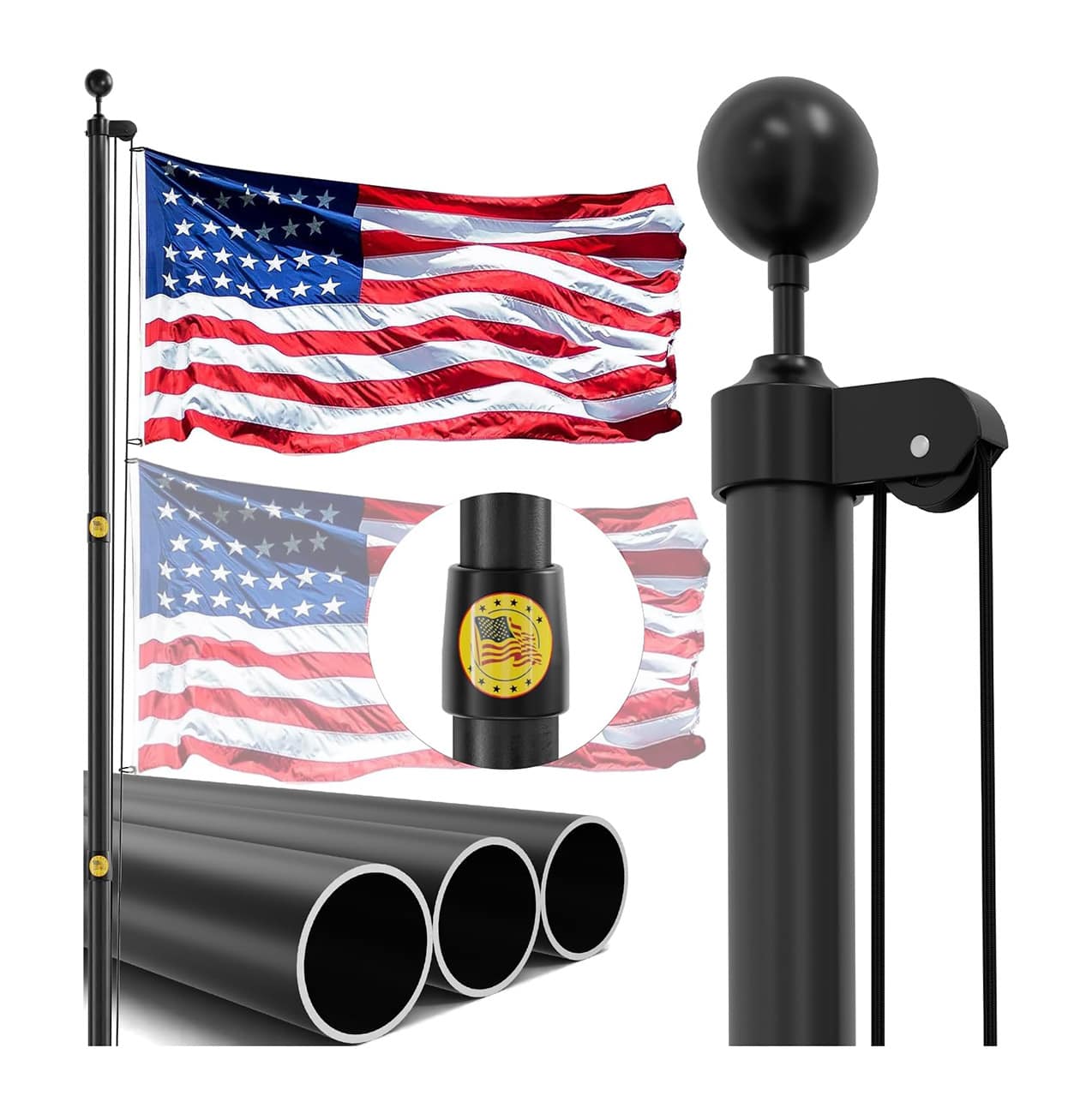 Etokfoks  25FT Heavy Duty 14 Gauge Aluminum Flagpole Kit Black Sectional In Ground Pole With 5x3FT USA Flag Reinforced Rings 1 Kit