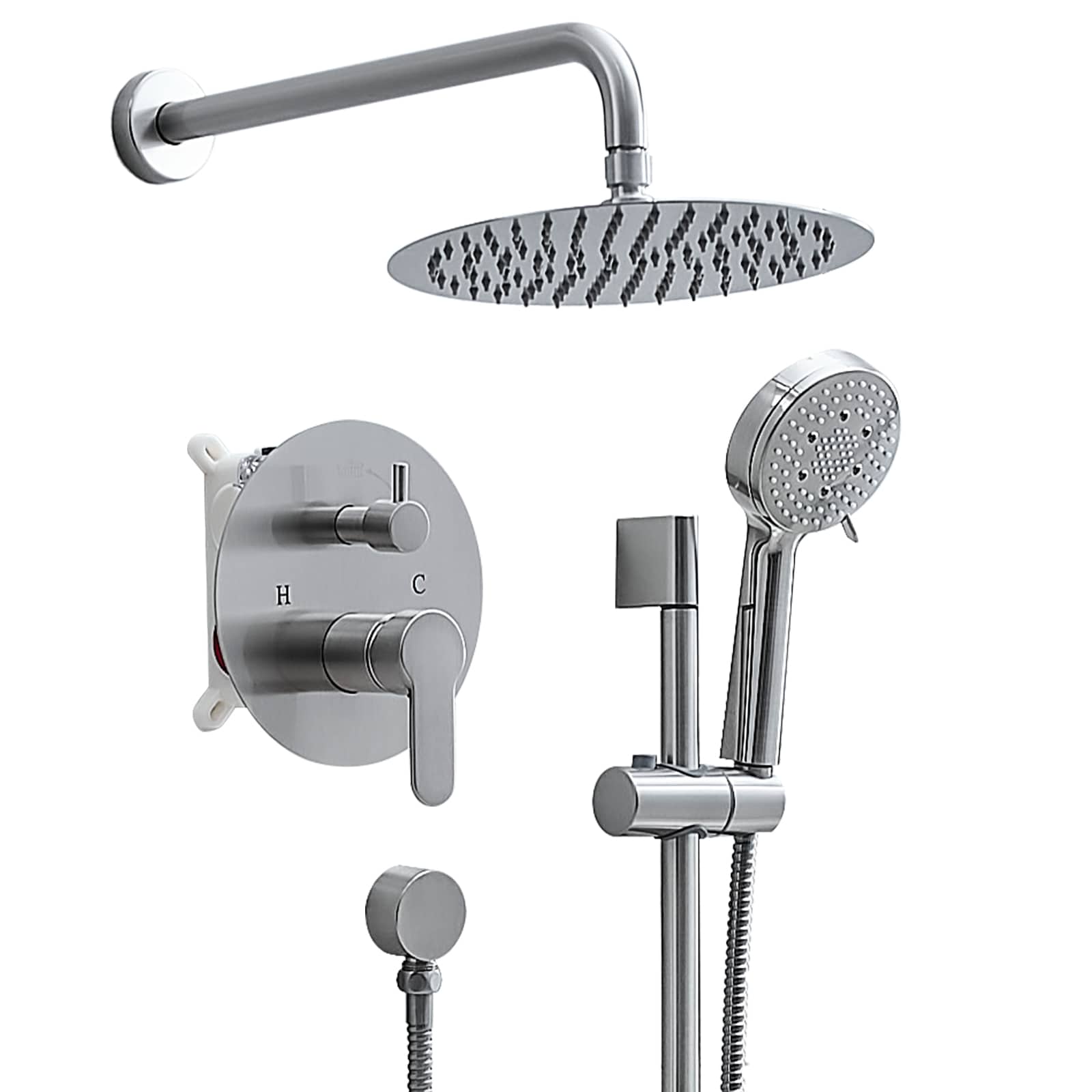 LUCKY ONE MD-RB1220 Brushed Nickel 10-in Waterfall Dual Head Built-In Shower Faucet System with 2-way Diverter ( Pressure-balanced Valve Included )