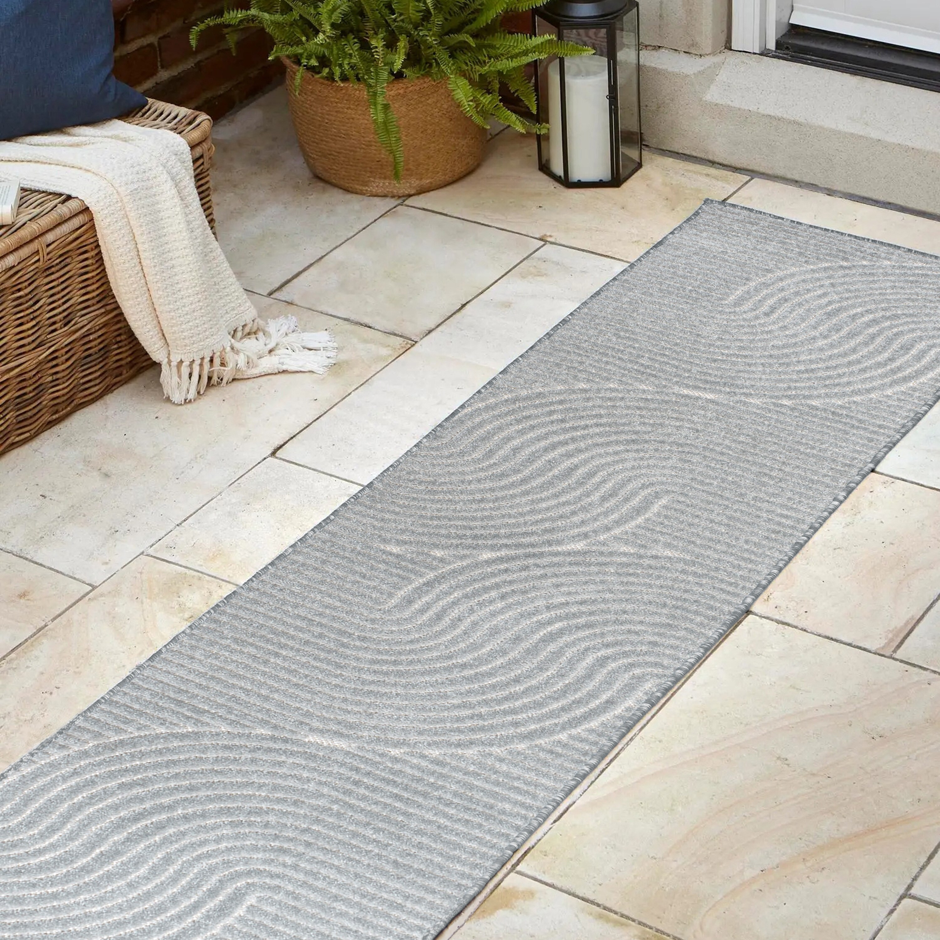 Light Blue and Cream Geometric Synthetic Runner Rug, 2 x 8