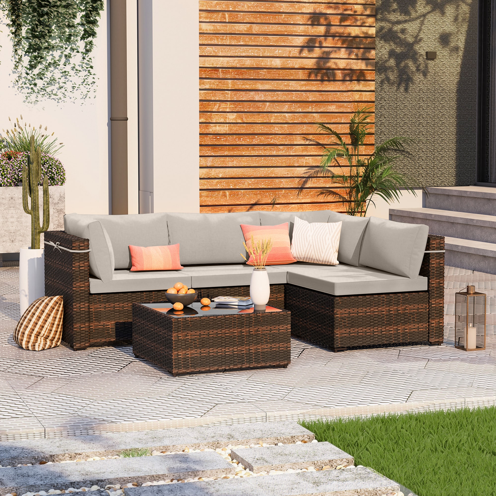 Patio Watcher - 5 -Piece Wicker Patio Conversation Set with Beige Cushions Included