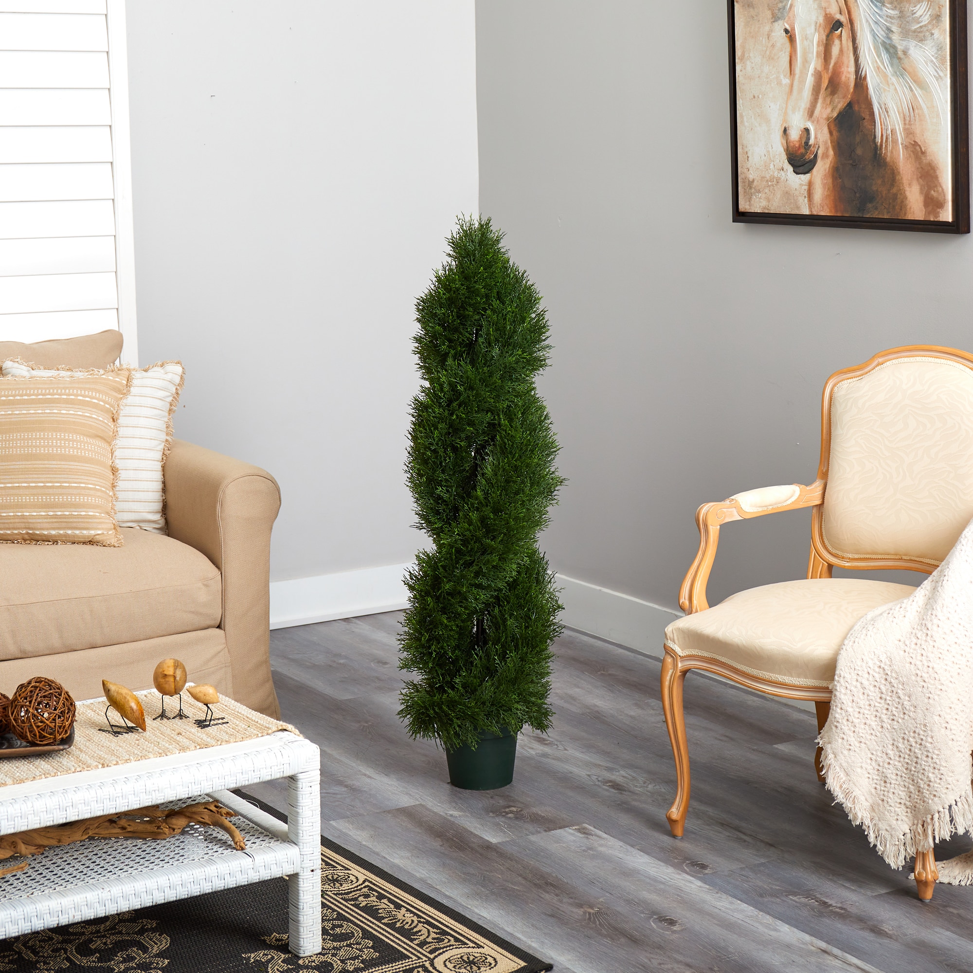 4-Foot Green Faux Cypress Spiral Topiary in Black Pot