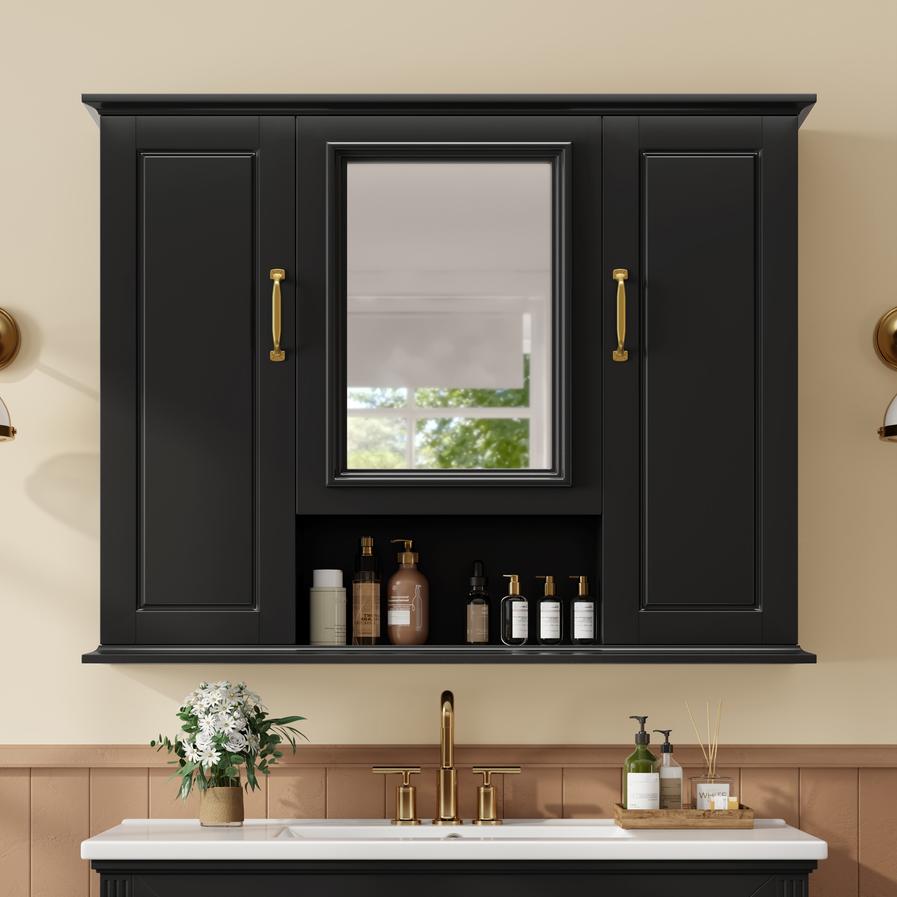 LOVMOR 36-in x 8-in x 28.5-in Black Bathroom Wall Cabinet with Mirror and Adjustable Shelves #SF-W-N725P346902B