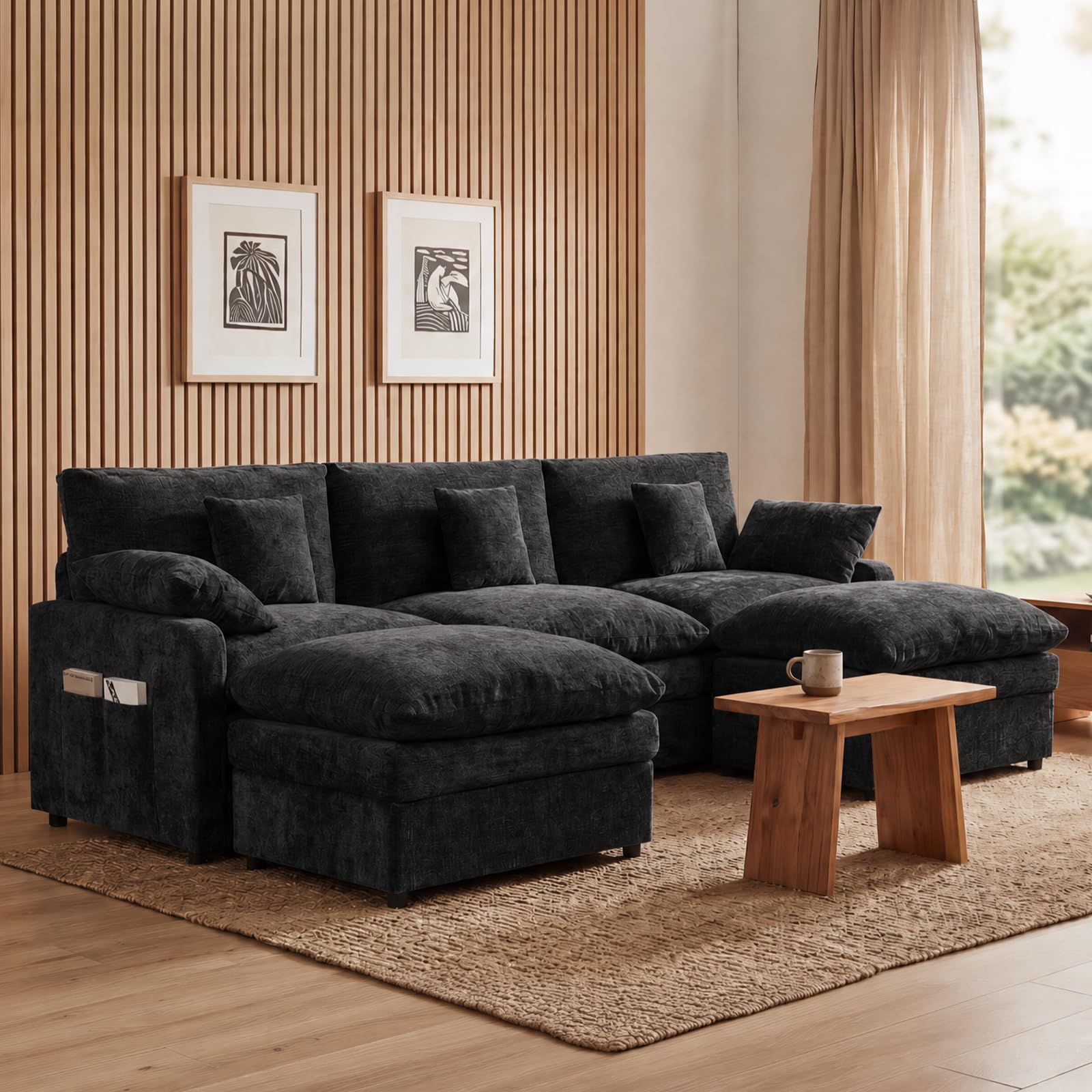 GarveeLife 107.87-in Modular Chenille Sectional Sofa Convertible Couch with 2 Free Movable Ottomans Black