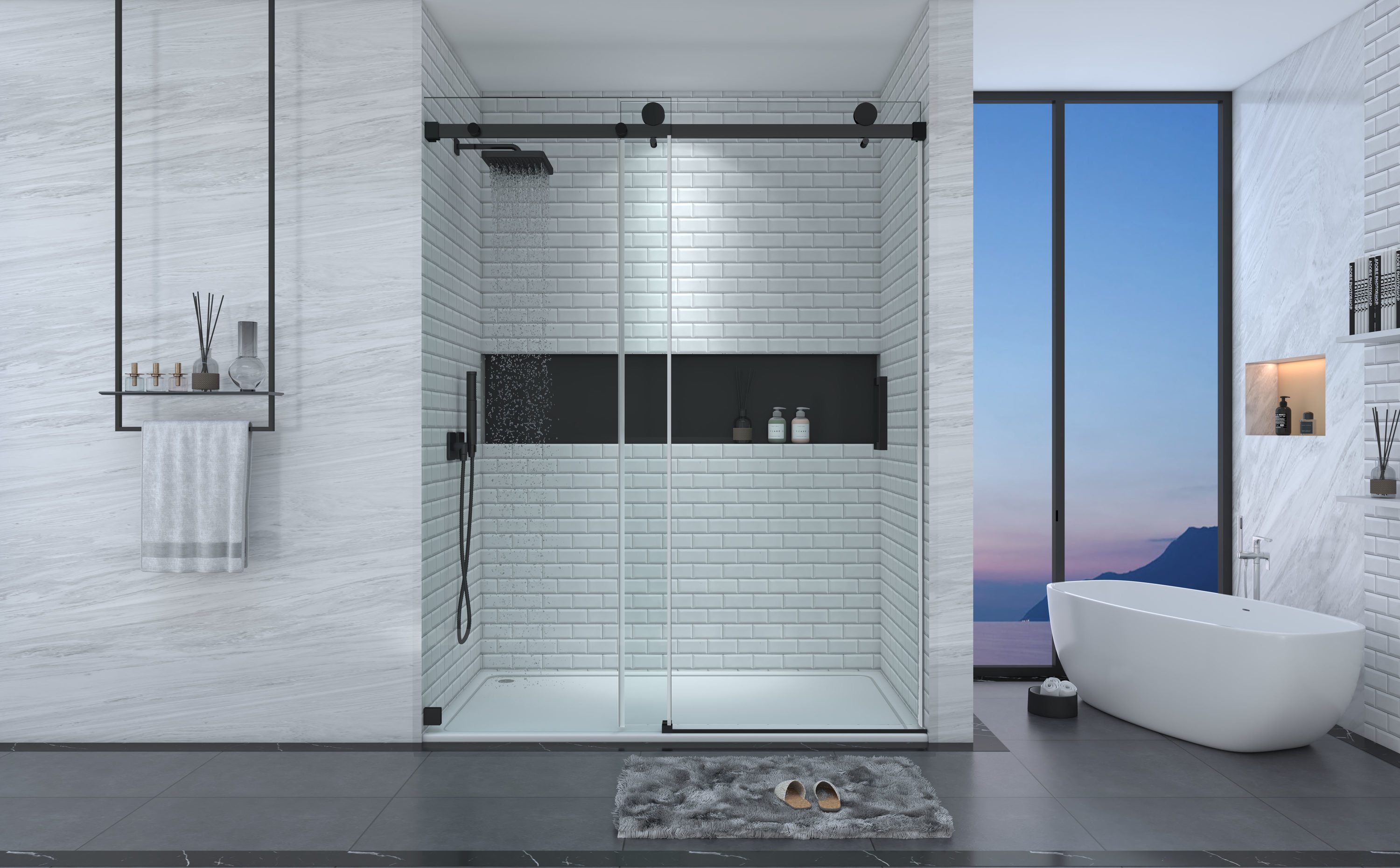 CASAINC CVY-SS05-60MB Shower Door Matte Black 57-in to 60-in W x 76-Inches H Frameless Standard Sliding Shower door 3/8-in Thick Clear Glass