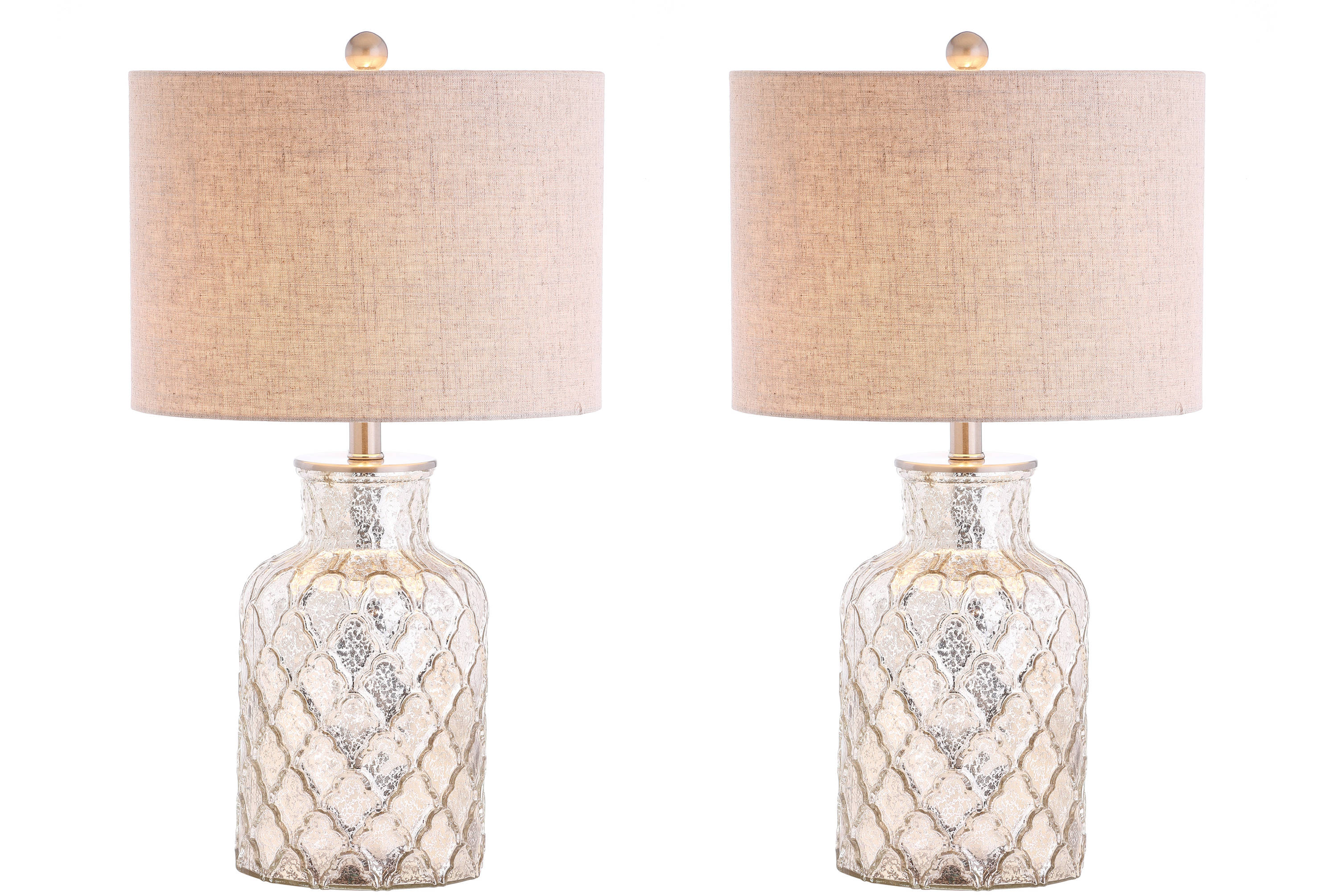 Antiqued Mercury Silver Quatrefoil Glass Table Lamp Set