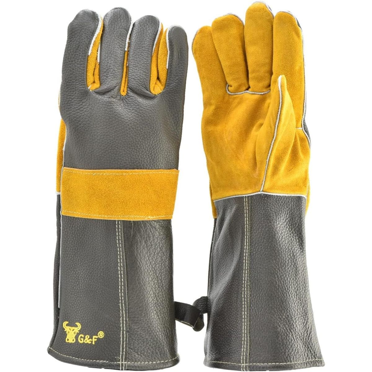 G & F Products Premium Grain Cowhide Leather BBQ and Fireplace Gloves 14 and a half inches Extra Long Cuff 1 Pair Heat Resistant Cotton Lined Kevlar Stitched for Grilling Welding and Animal Handling
