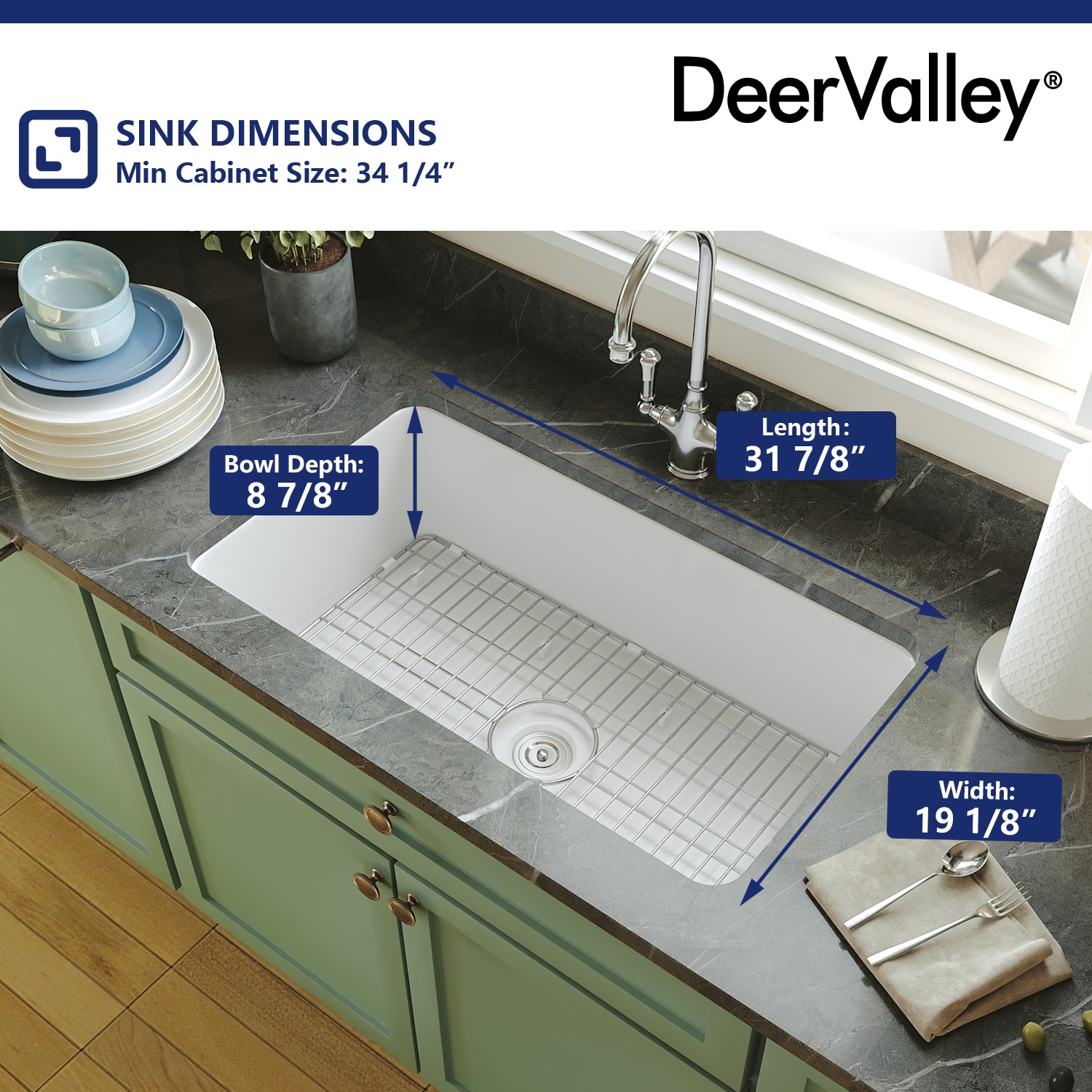 DeerValley Glen 27 x 19 Fireclay Rectangular Undermount Kitchen Sink - White