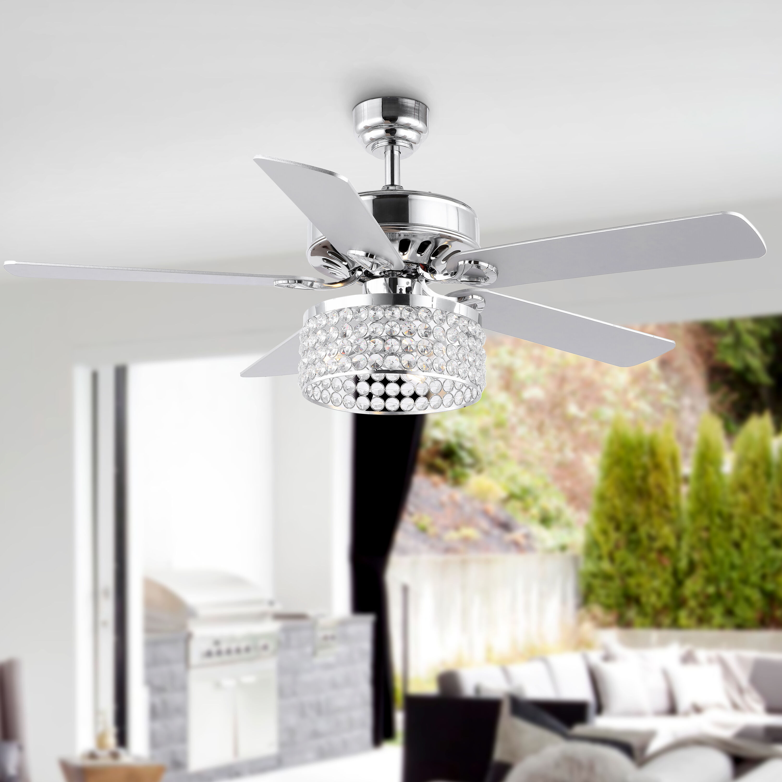 JONATHAN  Y JYL9709A Kristie Crystal/Metal Modern 52-in Chrome with Silver Blades Ceiling Fan With Light - Remote Included ( 5 -Blade )