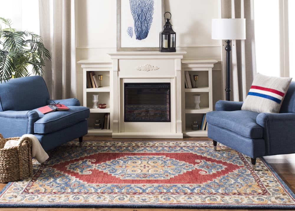 Heirloom Blue and Red Square Tufted Wool Rug 6' x 6'