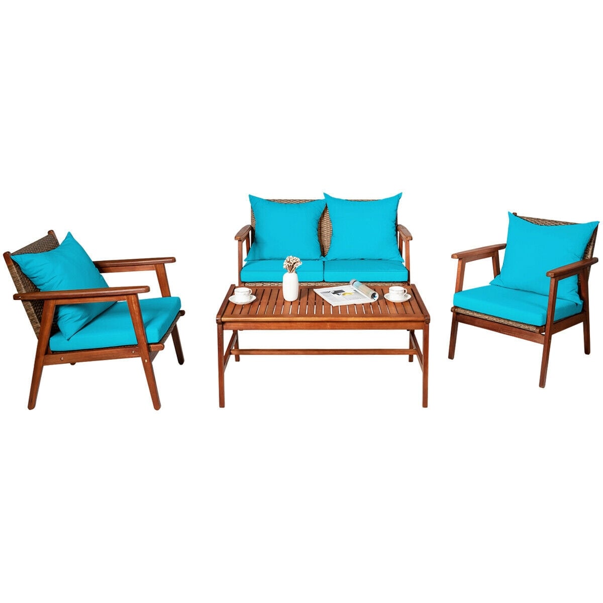 WELLFOR OUS68969TU+ 4 -Piece Rattan Patio Conversation Set with Blue Cushions