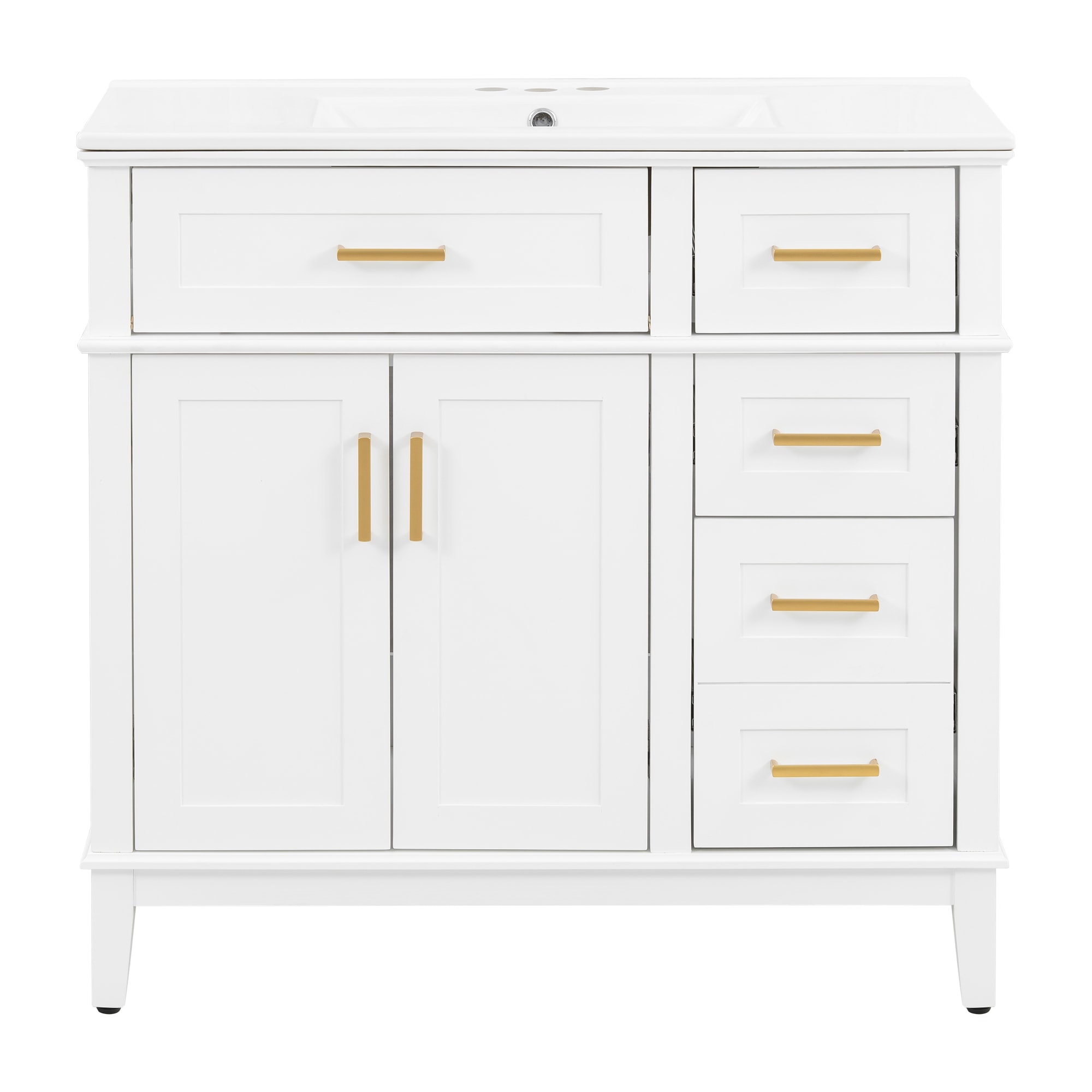 Wooakway - 36-in White Bathroom Vanity with Ceramic Sink 4 Drawers 2 Doors Soft-Close Drawers and...