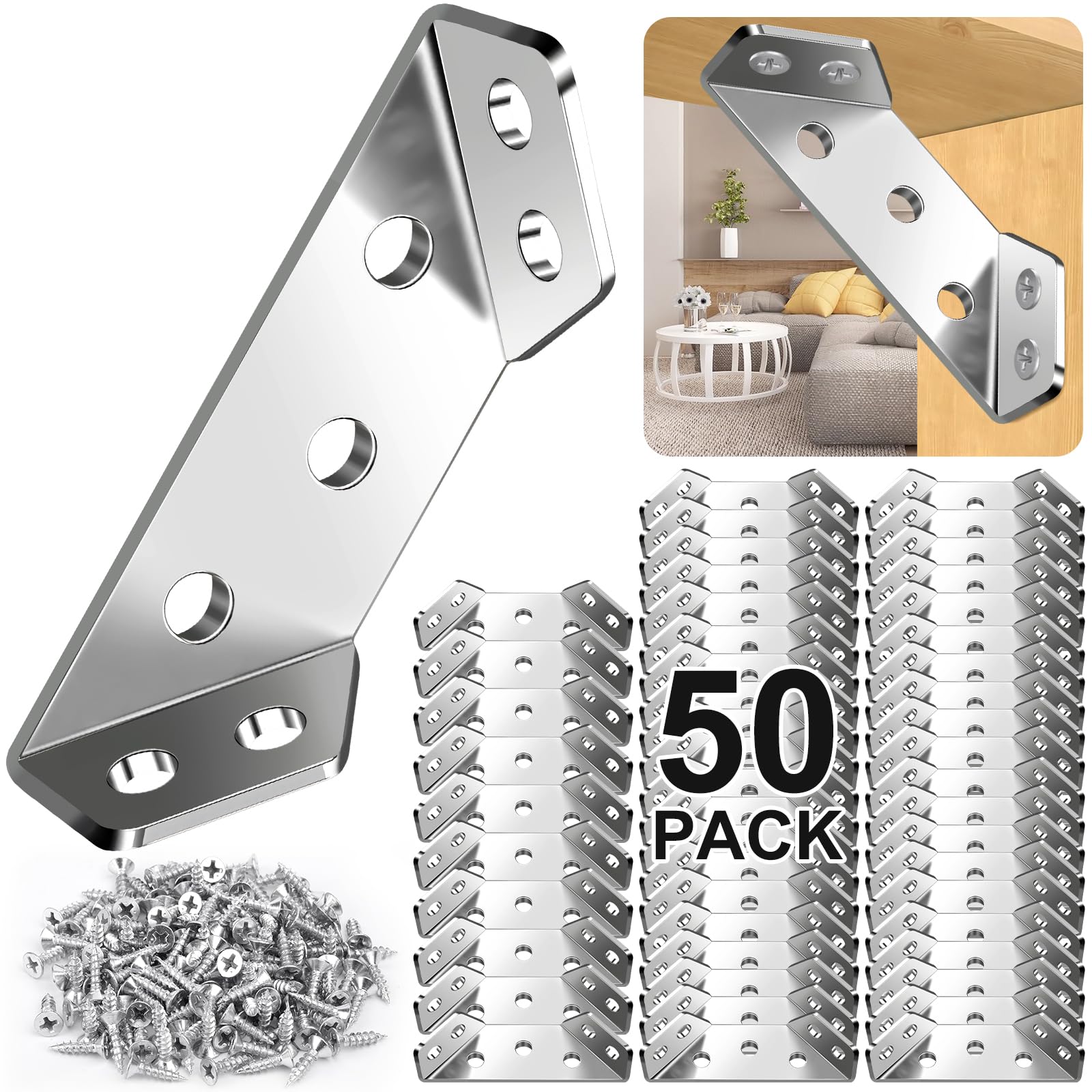 Vrbgify  50PCS Corner Brackets for Wood with 300 Screws Stainless Steel Metal Shelf Brackets Furniture Corner Connector Universal Size Sturdy