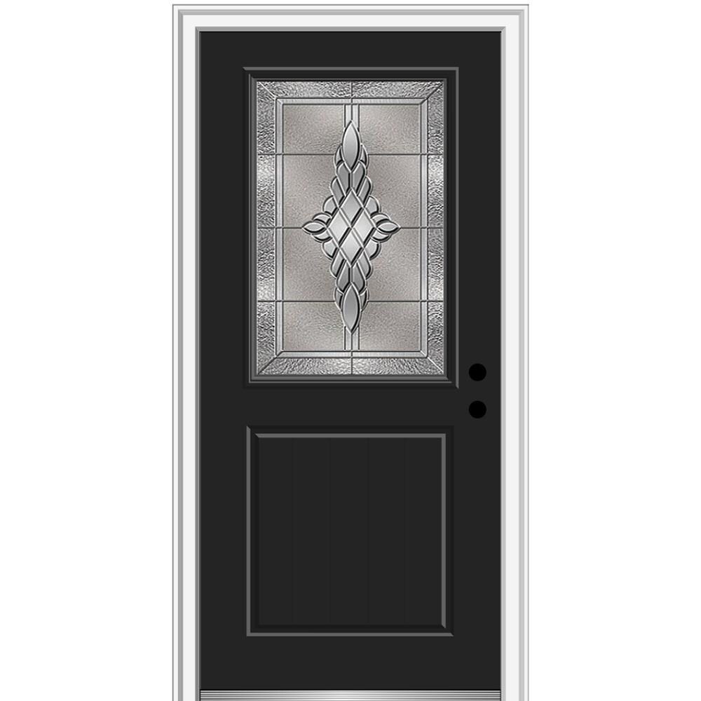 MMI DOOR ZZ3667496L 32-in x 80-in x 6-9/16-in Fiberglass Half lite Left-hand inswing Black Painted Prehung Front Door with Brickmould Insulating core