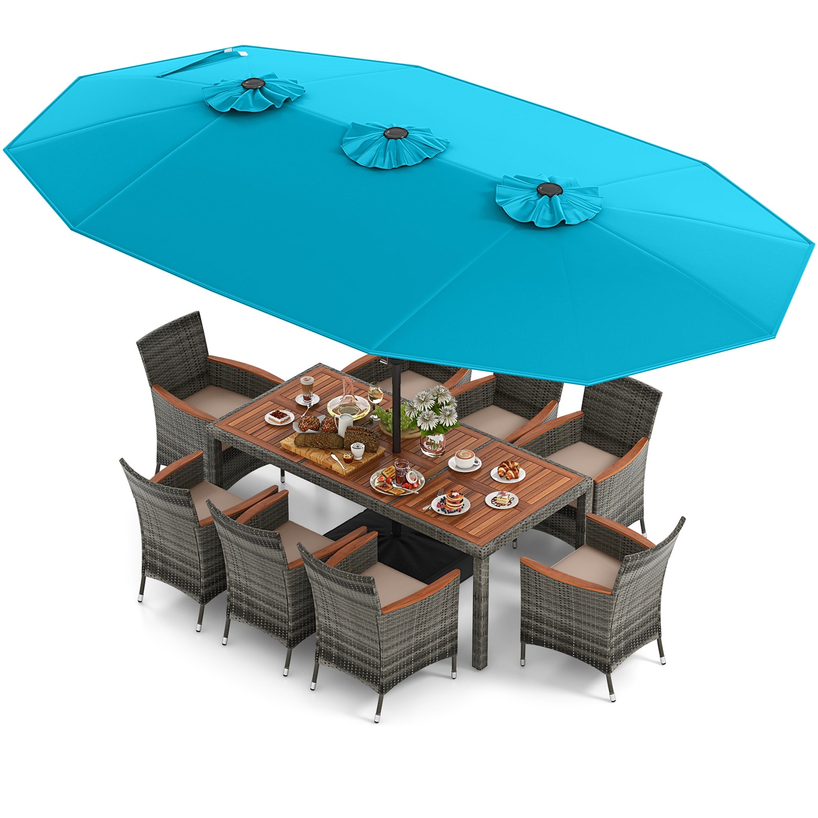  AA209816GN 11 -Piece Mix Brown Rattan Patio Dining Set Wood Rectangle Table with 8 Beige Cushions Stationary Chairs and Umbrella Included