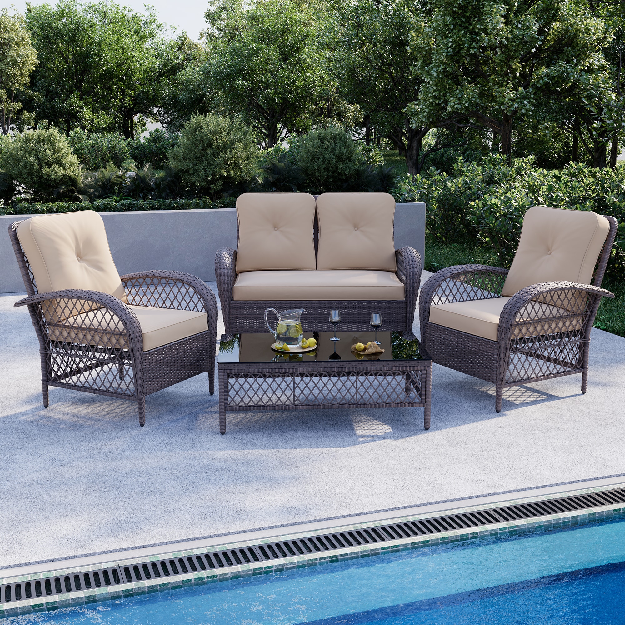 UPHA LHBR-AB-BEIGE 4-Piece Wicker Patio Conversation Set with Off-white Cushions