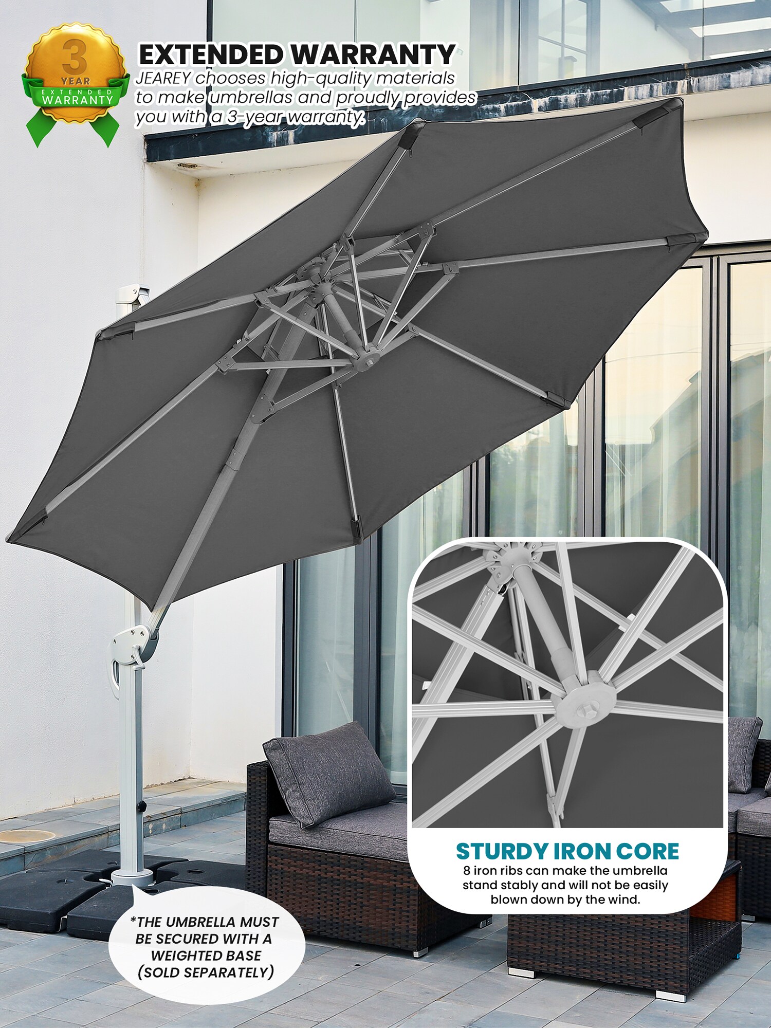 JEAREY 10 Ft Gray Round Offset Patio Umbrella With Aluminum Frame - 360 ...