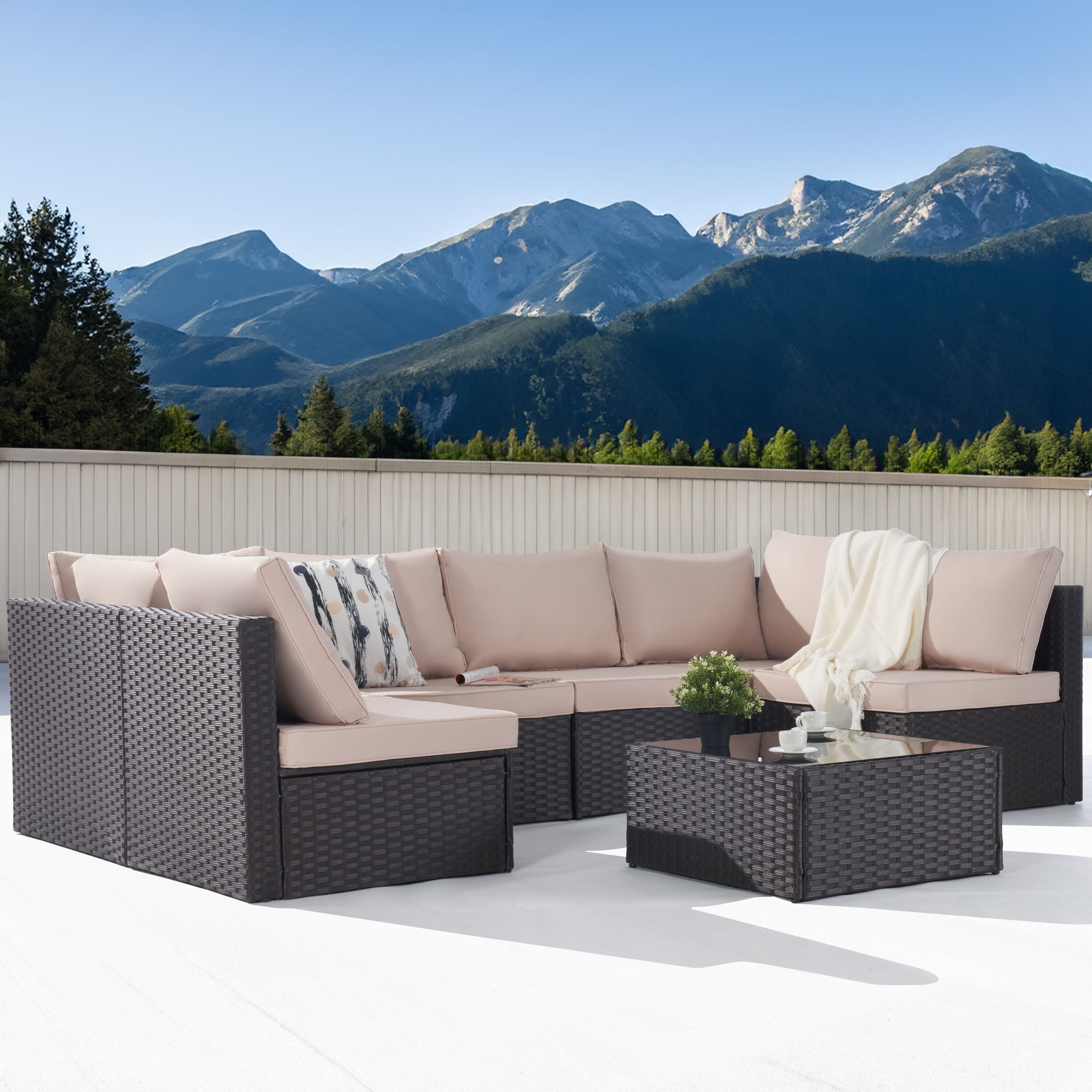 SANSTAR L-WS702-SN 7 -Piece Wicker Patio Conversation Set with Brown Cushions