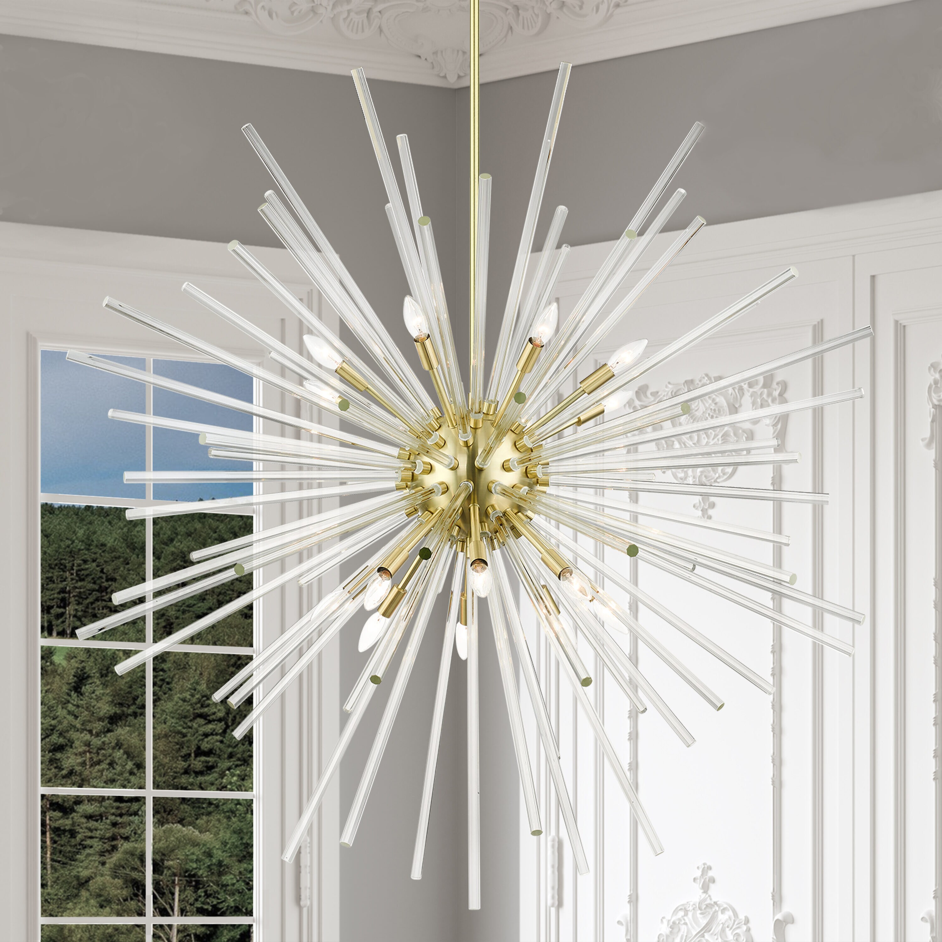 Satin Brass Elegance 16-Light Chandelier with Clear Crystal Rods