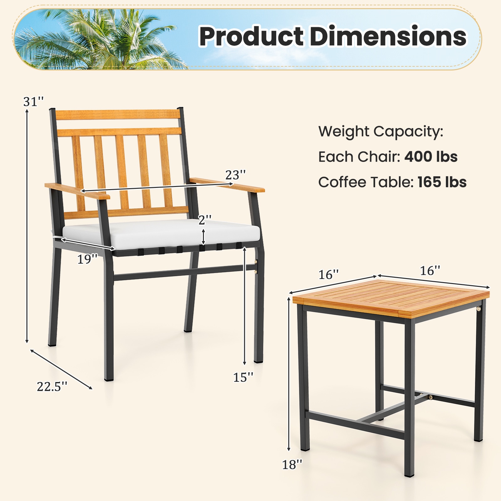 Acacia Wood and Metal 3-Piece Patio Set with Off-White Cushions