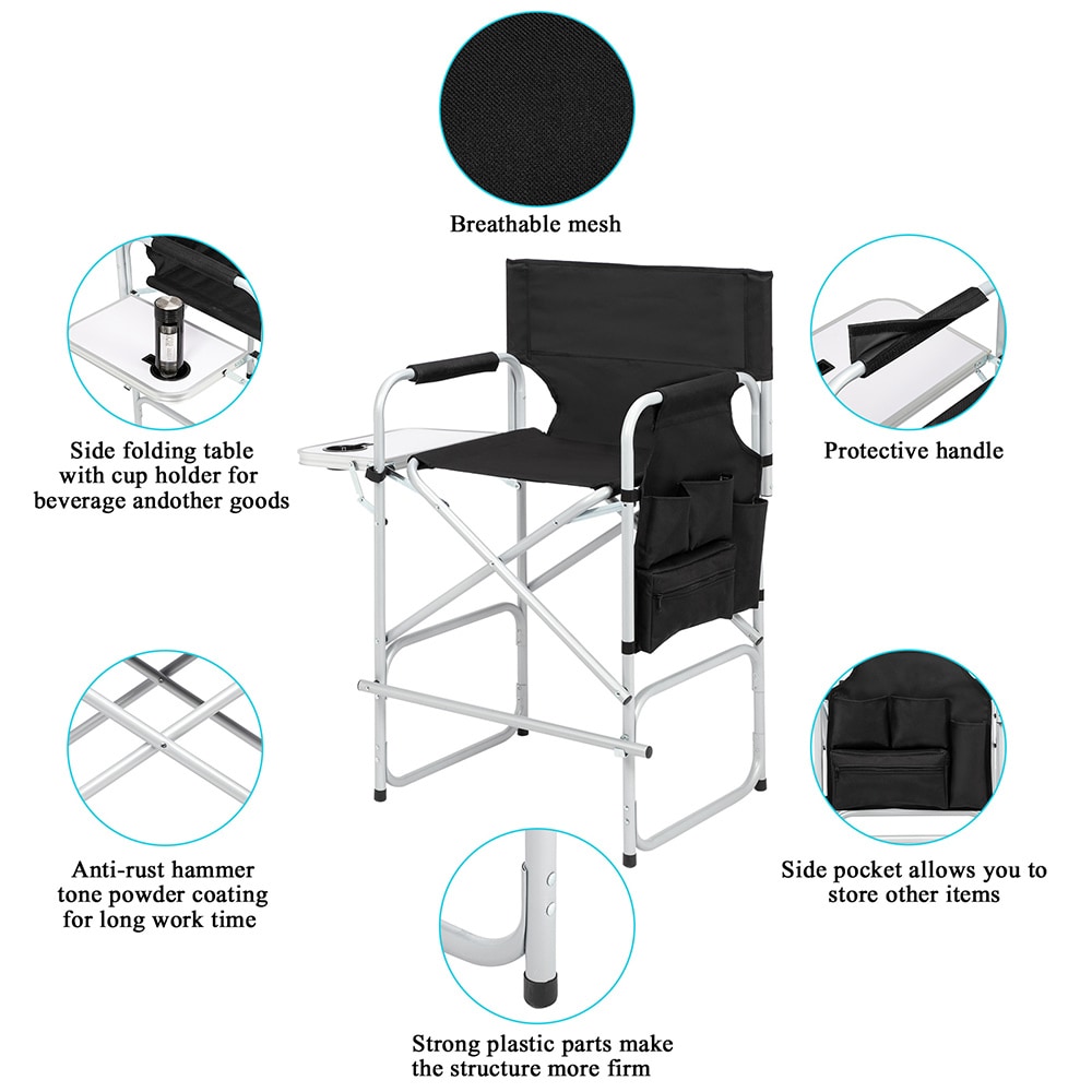 Winado Black Steel Folding Directors Chair With Footrest And Storage