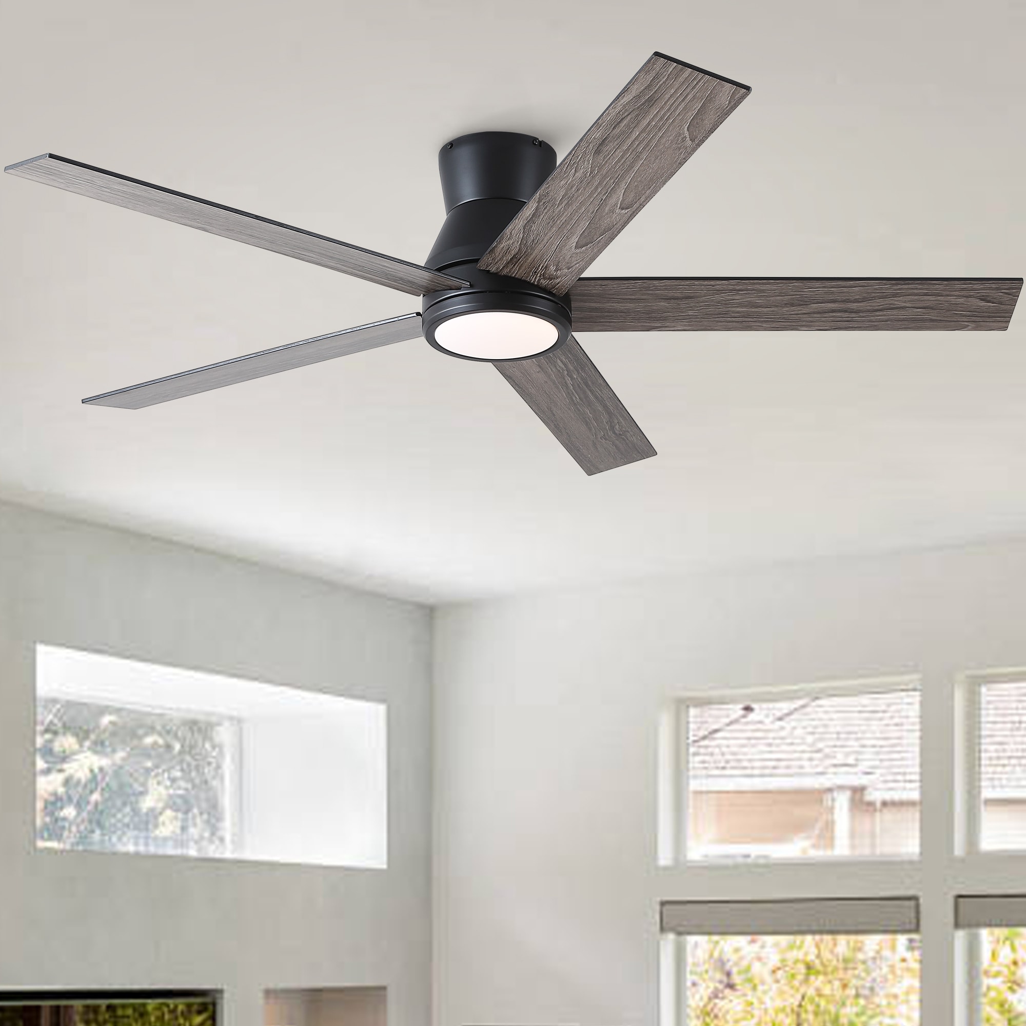 Sevenine Ventrad 52 in. Matte Black Flush Mount Integrated LED Indoor Ceiling Fan with Light Dual-Finish Blades for Indoor Rooms