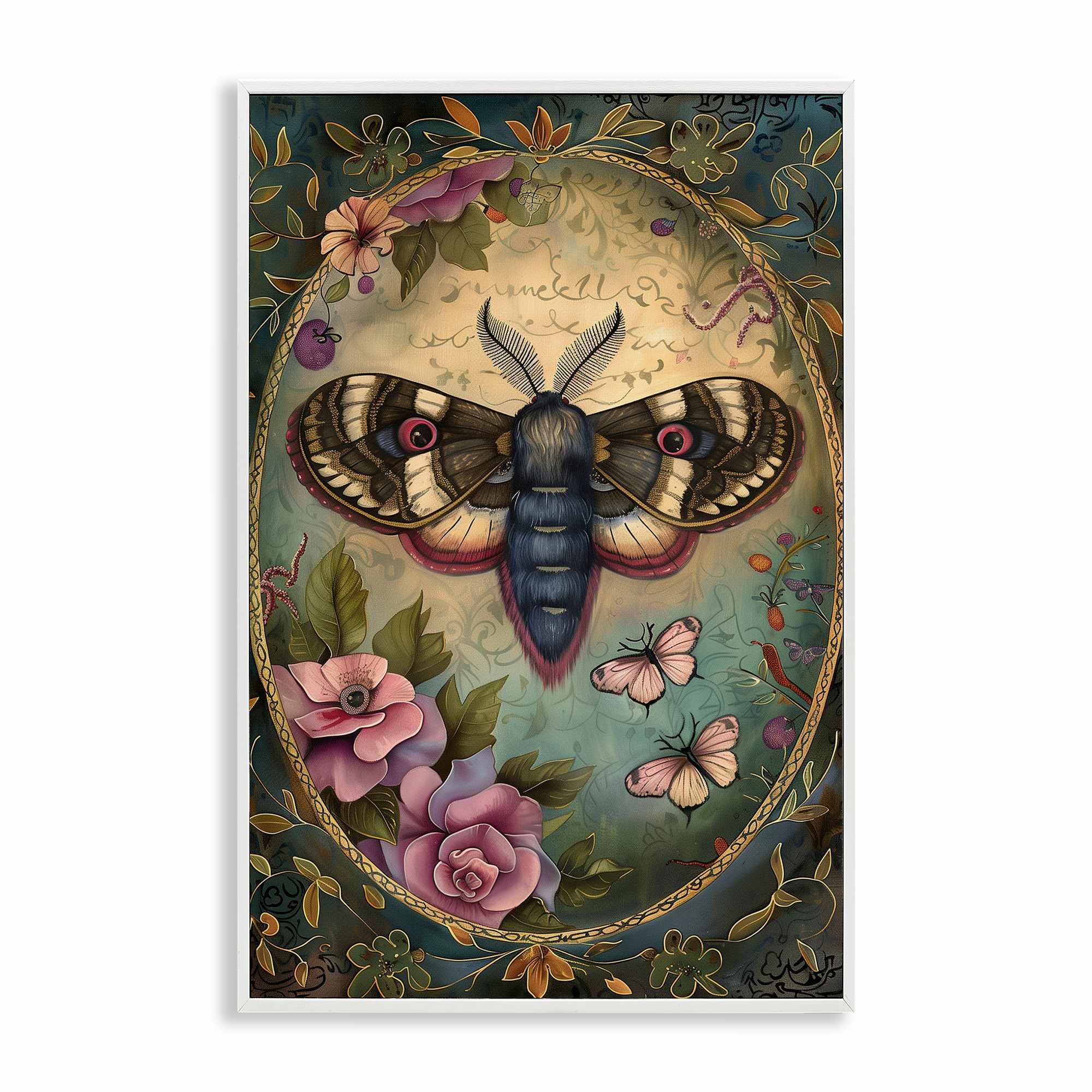 Stupell Industries BT-887-WFR-20X30 Vintage Moth and Floral Border White Framed Giclee Art By The Dutch Lady 20 x 30