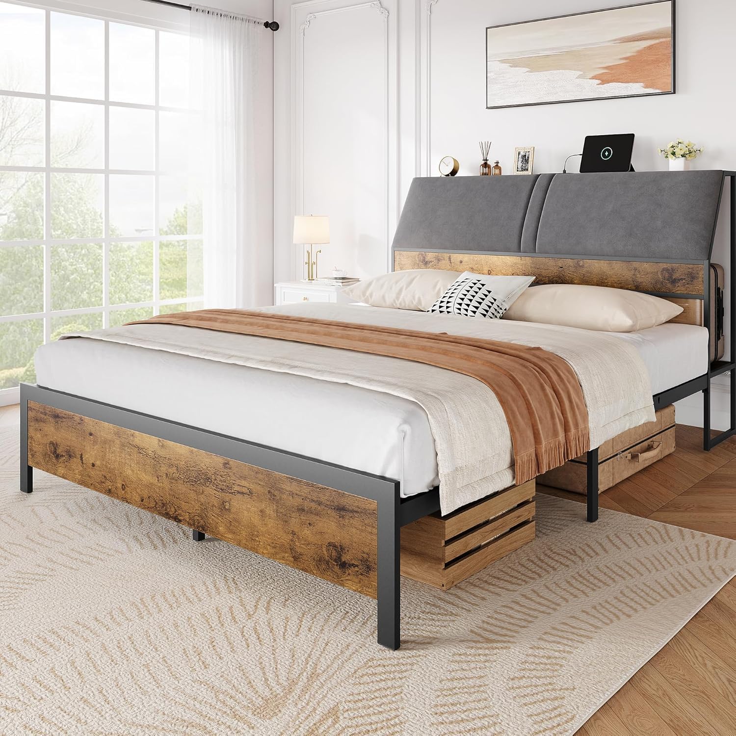 Qeetex LHF-BED-PHO-14YPQHN9 Queen Bed Frame Ergonomic Padded Headboard Integrated Charging Ports Storage in The Headboard Robust Construction Quiet Comfort and Designed to Be Used Without a Box Spring Brown